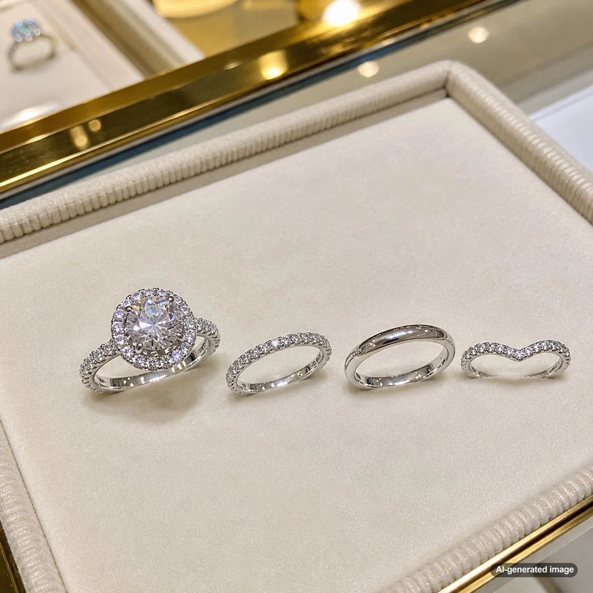 A stunning halo engagement ring paired with a contoured wedding band, showcasing the perfect bridal set at Robinson's Jewelers.