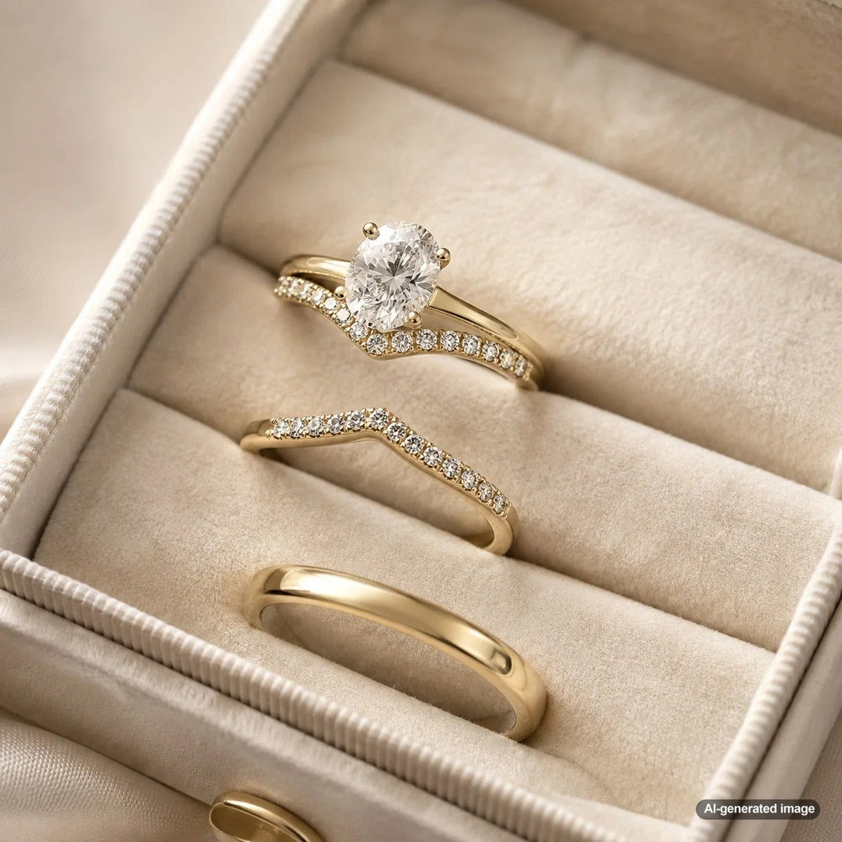 A stunning bridal set featuring a low-set engagement ring perfectly paired with a matching wedding band on a hand, showcasing the ideal fit and style.