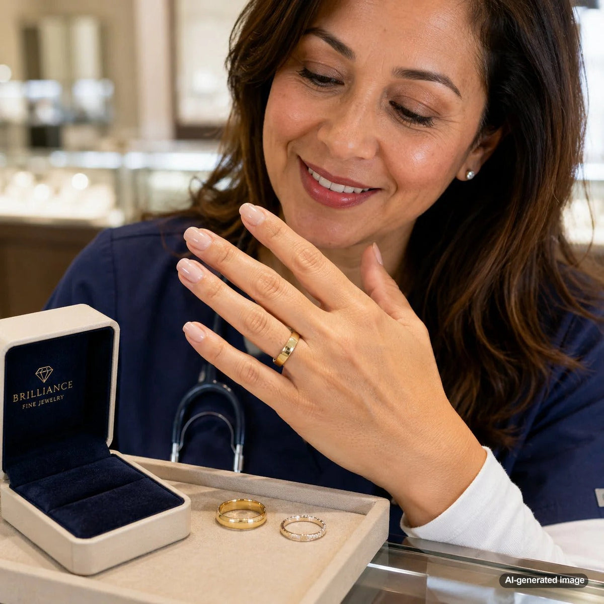 A close-up image showing a hand wearing a silicone wedding band and a medical glove, symbolizing the perfect wedding ring choice for a nurse or healthcare worker.