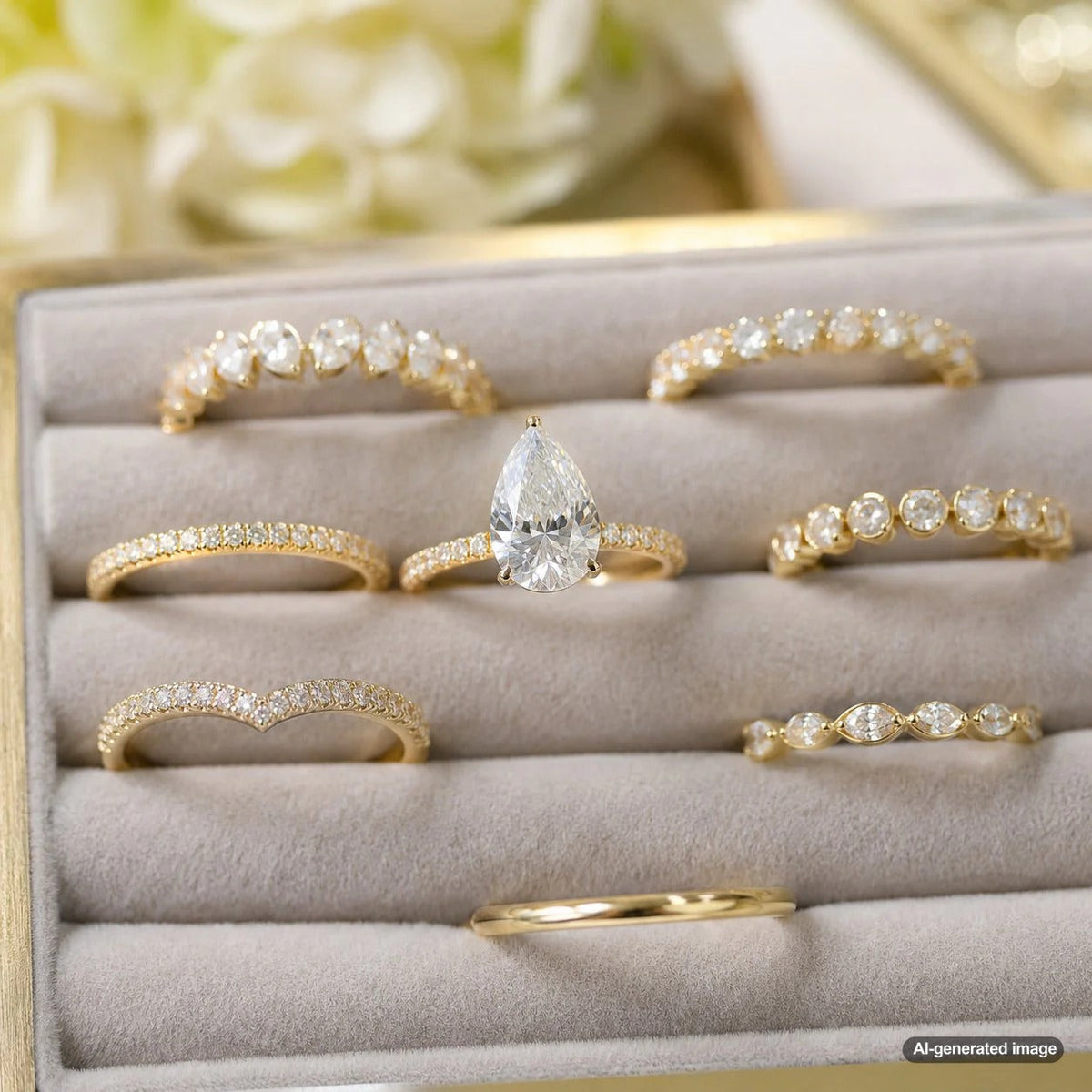 How to Choose a Wedding Band for a Pear-Shaped Engagement Ring - pairing a curved diamond band with a pear cut diamond ring on a hand