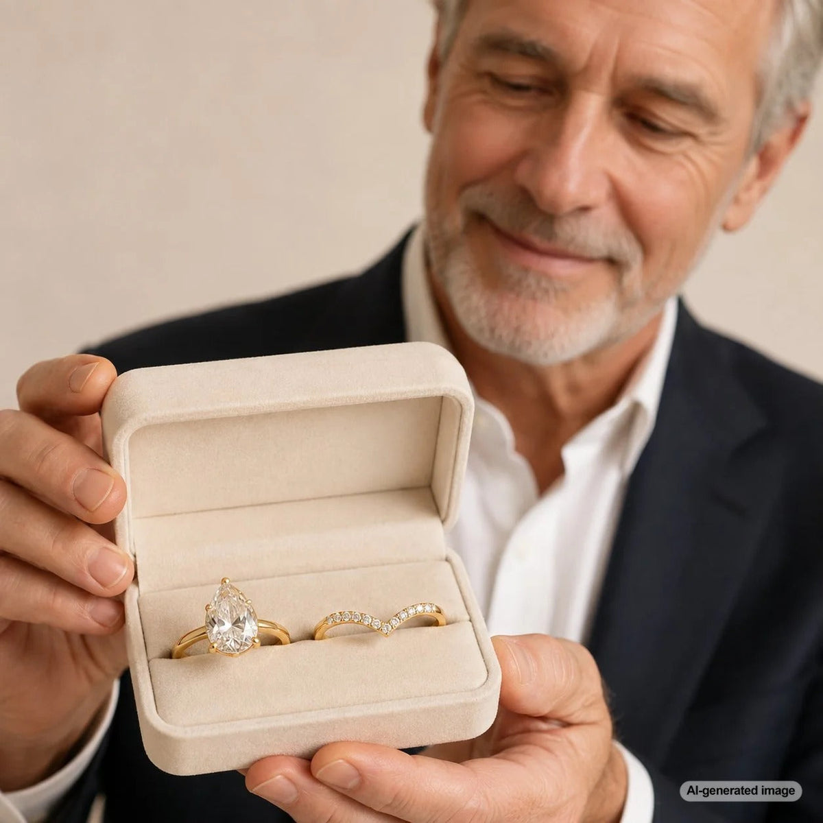 A selection of wedding bands paired with a pear-shaped diamond engagement ring to show how to choose a wedding band for a pear-shaped engagement ring.