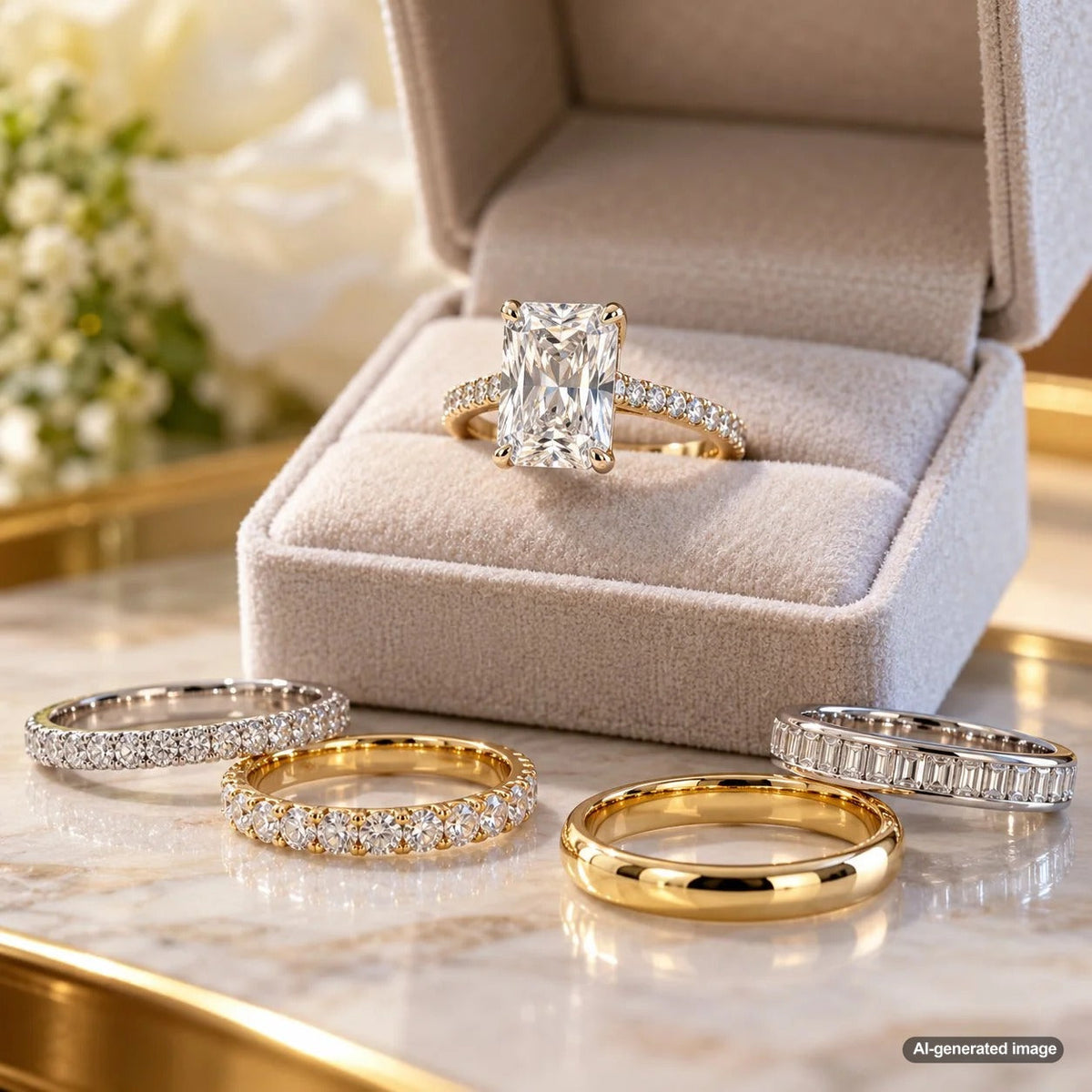 Radiant-cut diamond engagement ring with an elegant complementary wedding band, illustrating beautiful bridal ring pairing styles