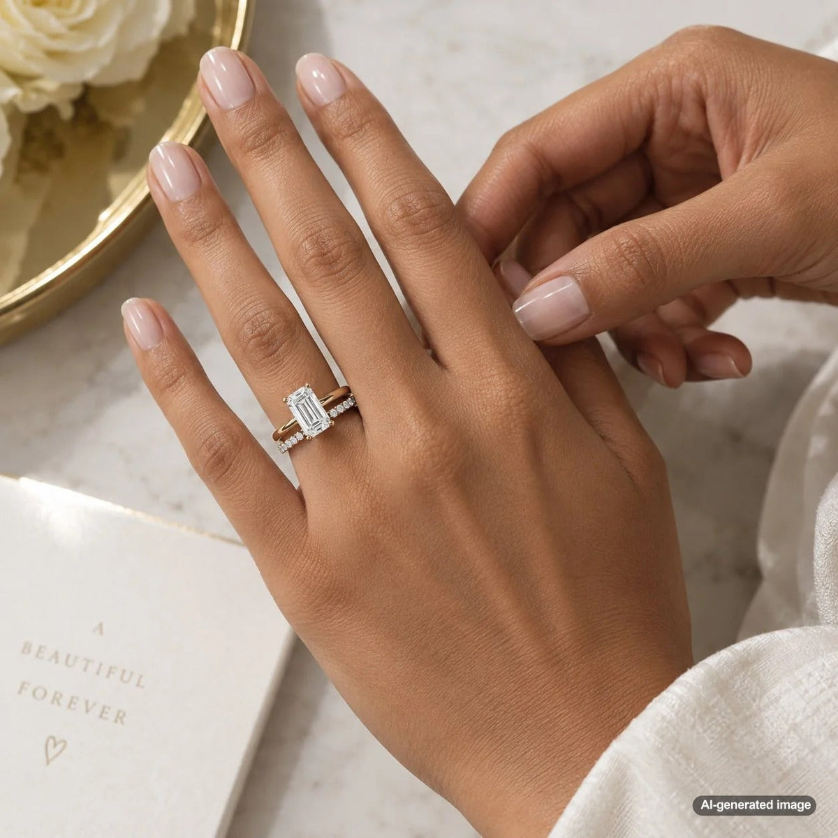 Emerald-cut engagement ring paired with an elegant wedding band