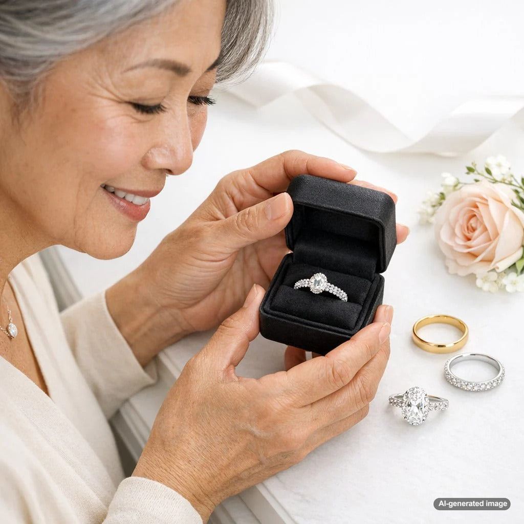 A stunning oval engagement ring paired with a curved diamond wedding band for a seamless fit.