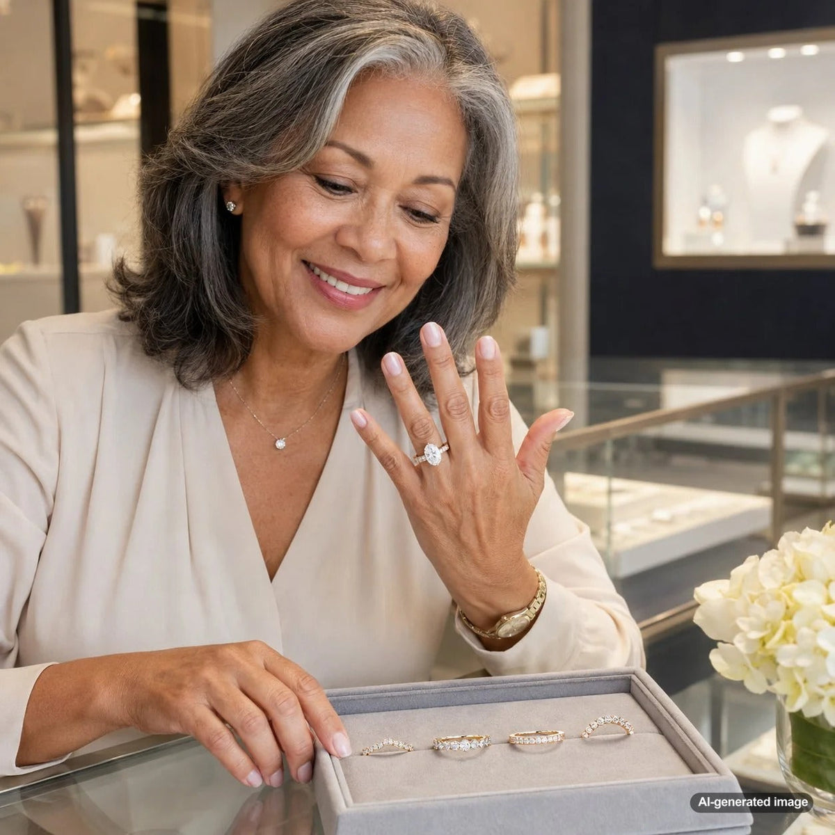 A stunning oval engagement ring paired with a curved diamond wedding band, elegantly displayed on a woman's hand.