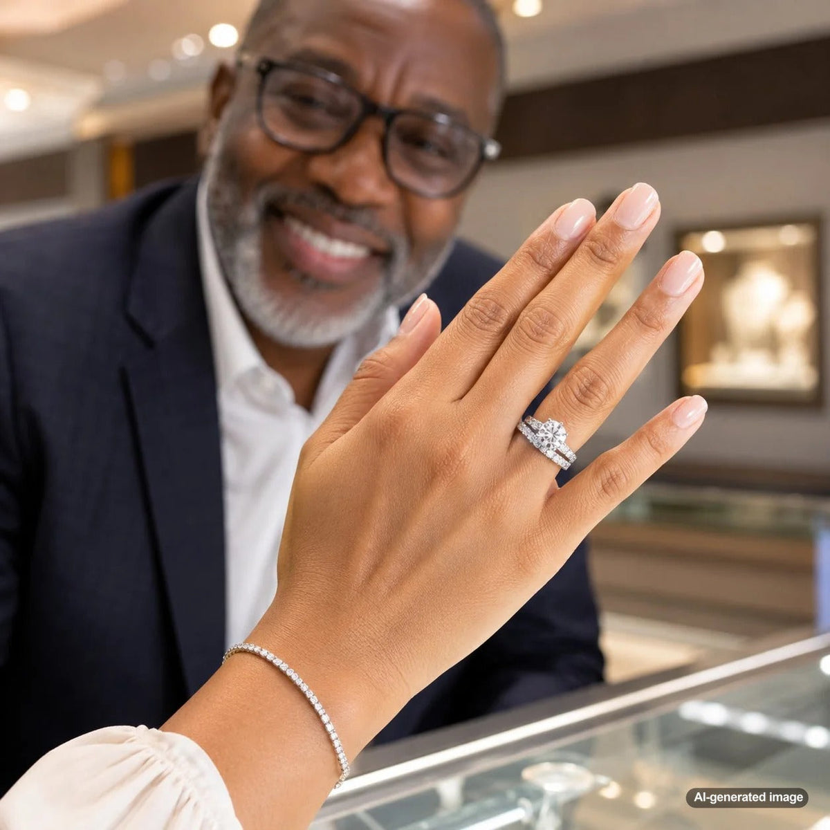 Diamond engagement ring paired with a wedding band designed to enhance its size and sparkle