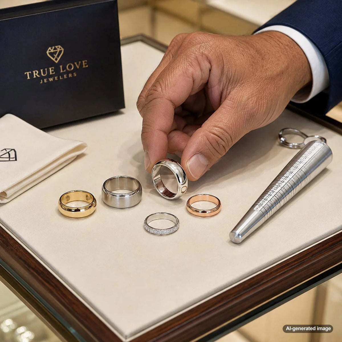 Wedding bands displayed for choosing a comfortable fit when ring size changes frequently