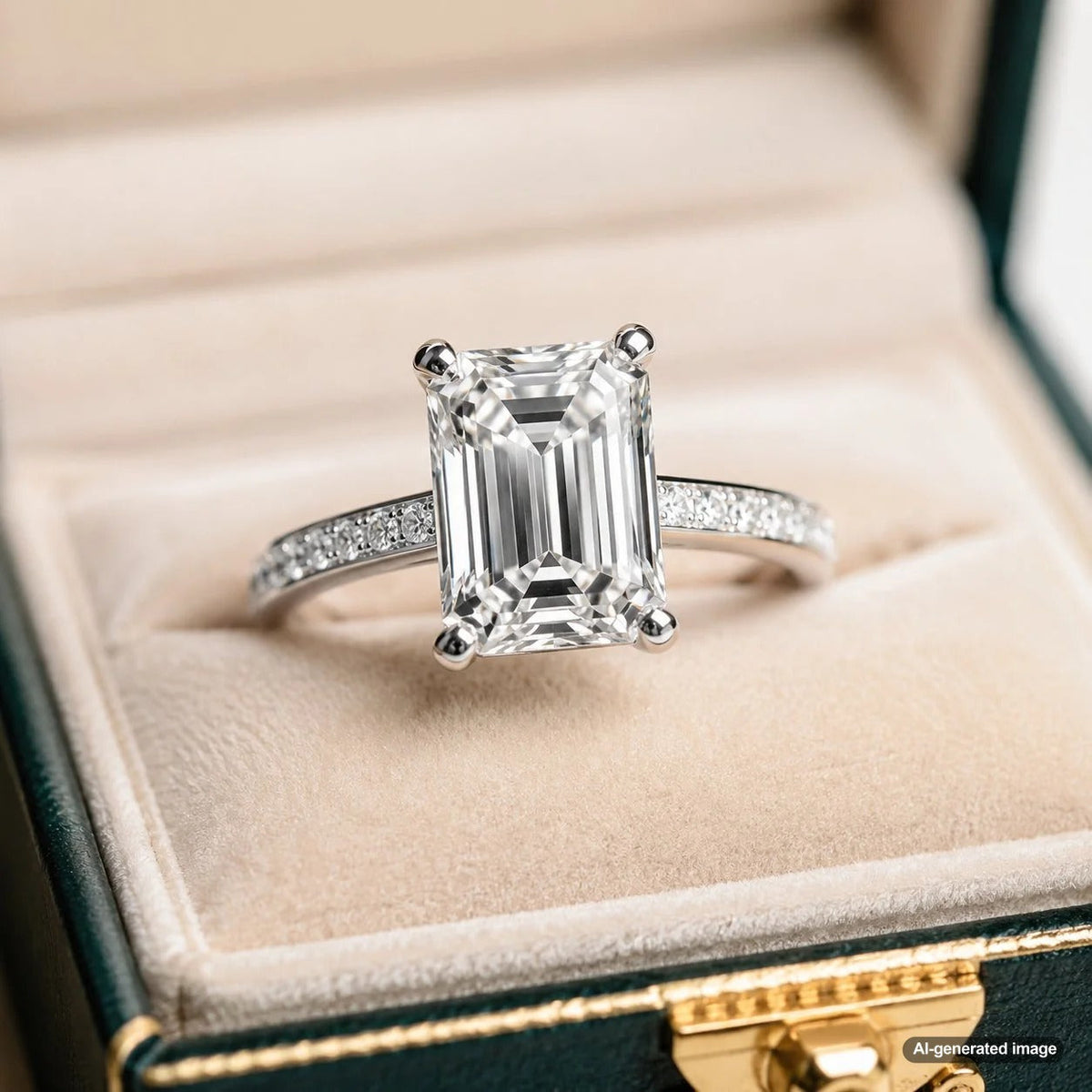 A stunning emerald cut diamond engagement ring from Robinson's Jewelers, showcasing its elegant step-cut facets and classic sophistication.
