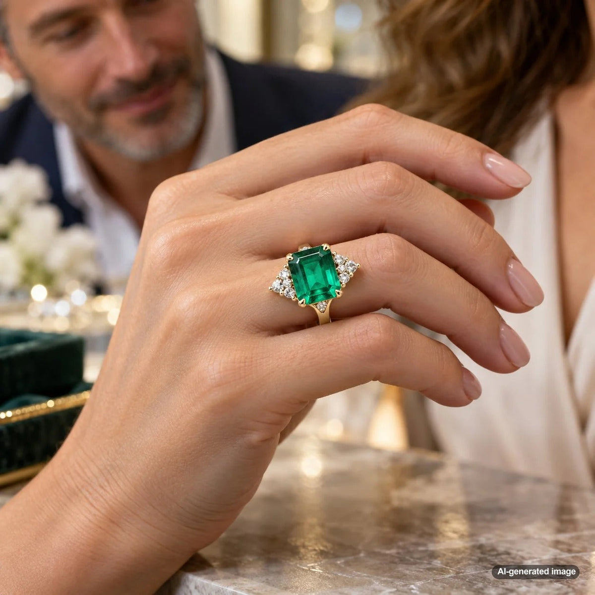 Rich green emerald ring showcasing vivid color and relatively few visible inclusions