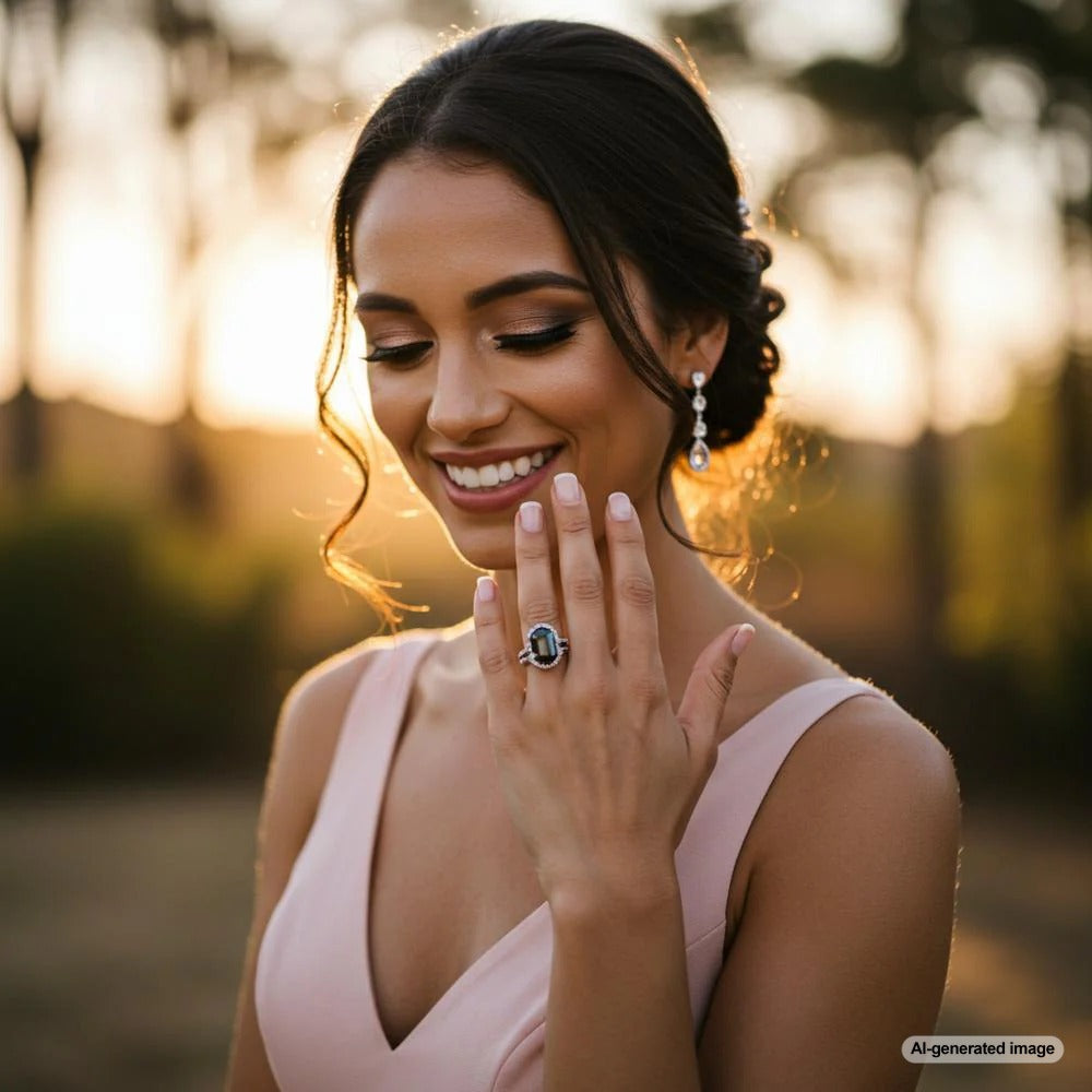 A non-traditional engagement ring featuring a unique gemstone and modern setting
