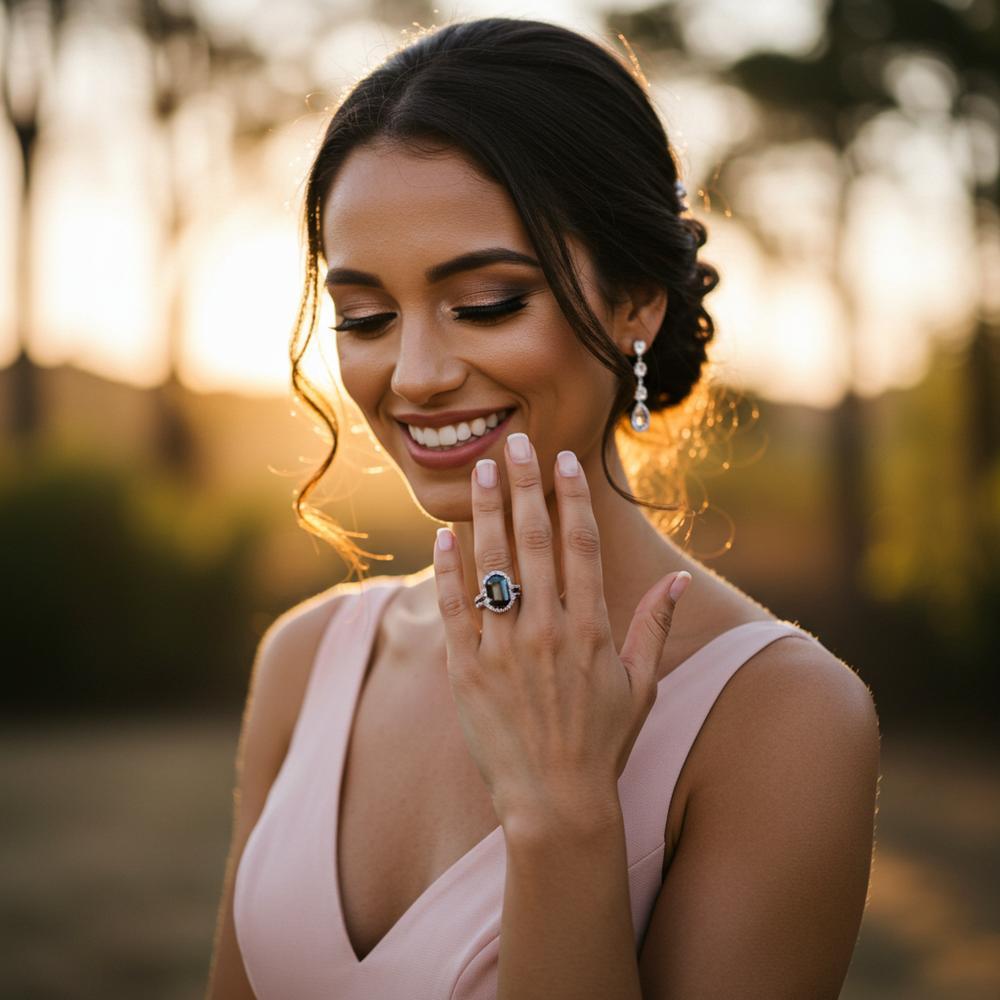 A non-traditional engagement ring featuring a unique gemstone and modern setting