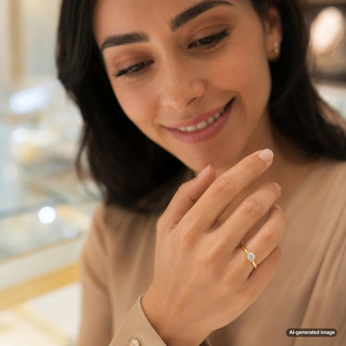 An active woman wearing a low-profile bezel set engagement ring from Robinson's Jewelers, showcasing durable fine jewelry for an active lifestyle.