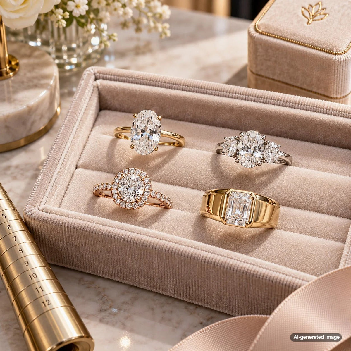Engagement ring styled on a larger hand showing balanced diamond proportions and elegant finger coverage