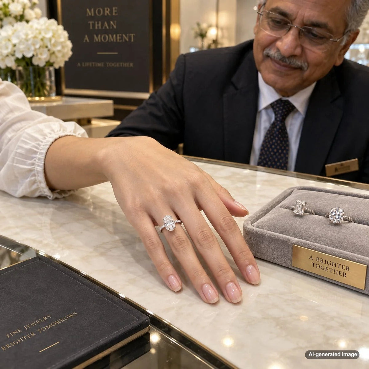 Engagement ring selected to flatter long, slender fingers with elegant proportions and a beautifully balanced setting