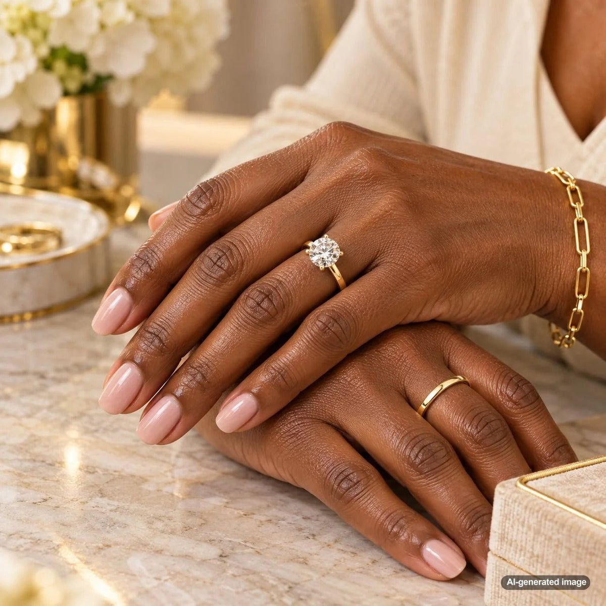 How to choose an engagement ring for someone who wears mostly yellow gold jewelry, featuring elegant yellow gold bridal ring inspiration
