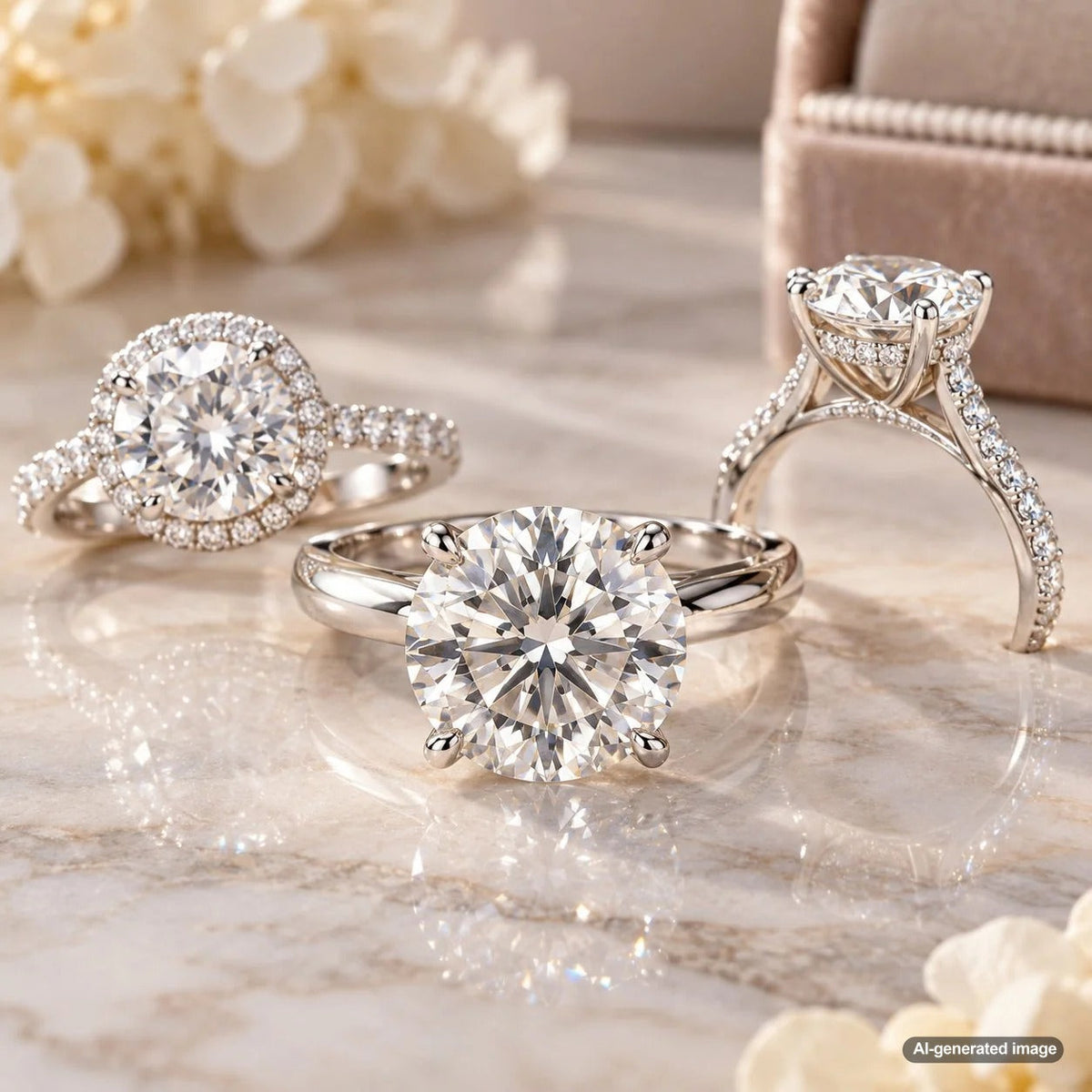 Large lab-grown diamond engagement ring showcasing an elegant center stone setting and refined bridal jewelry design