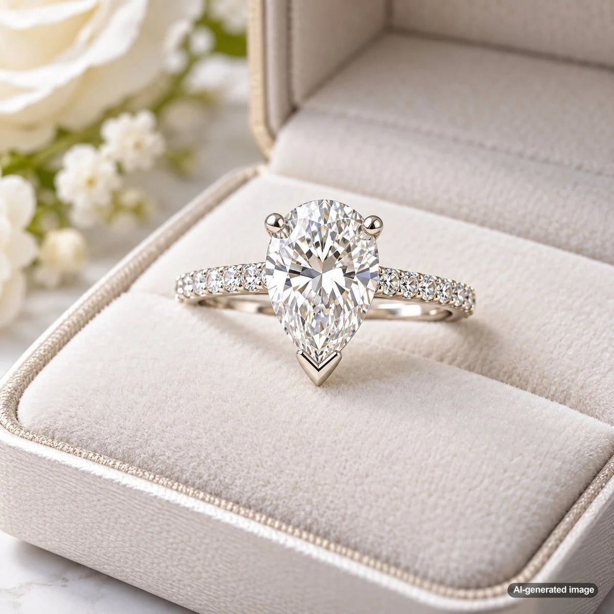 Elegant pear-shaped diamond engagement ring showcasing a protective setting around the pointed tip of the teardrop diamond