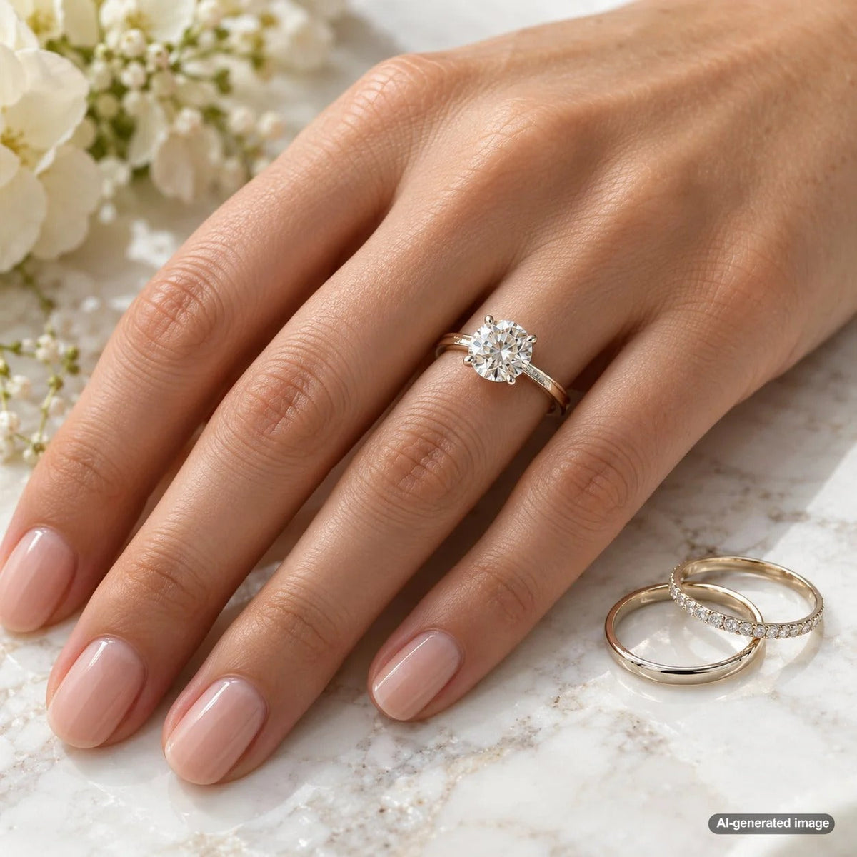 Engagement ring styled with room for a layered wedding and anniversary ring stack