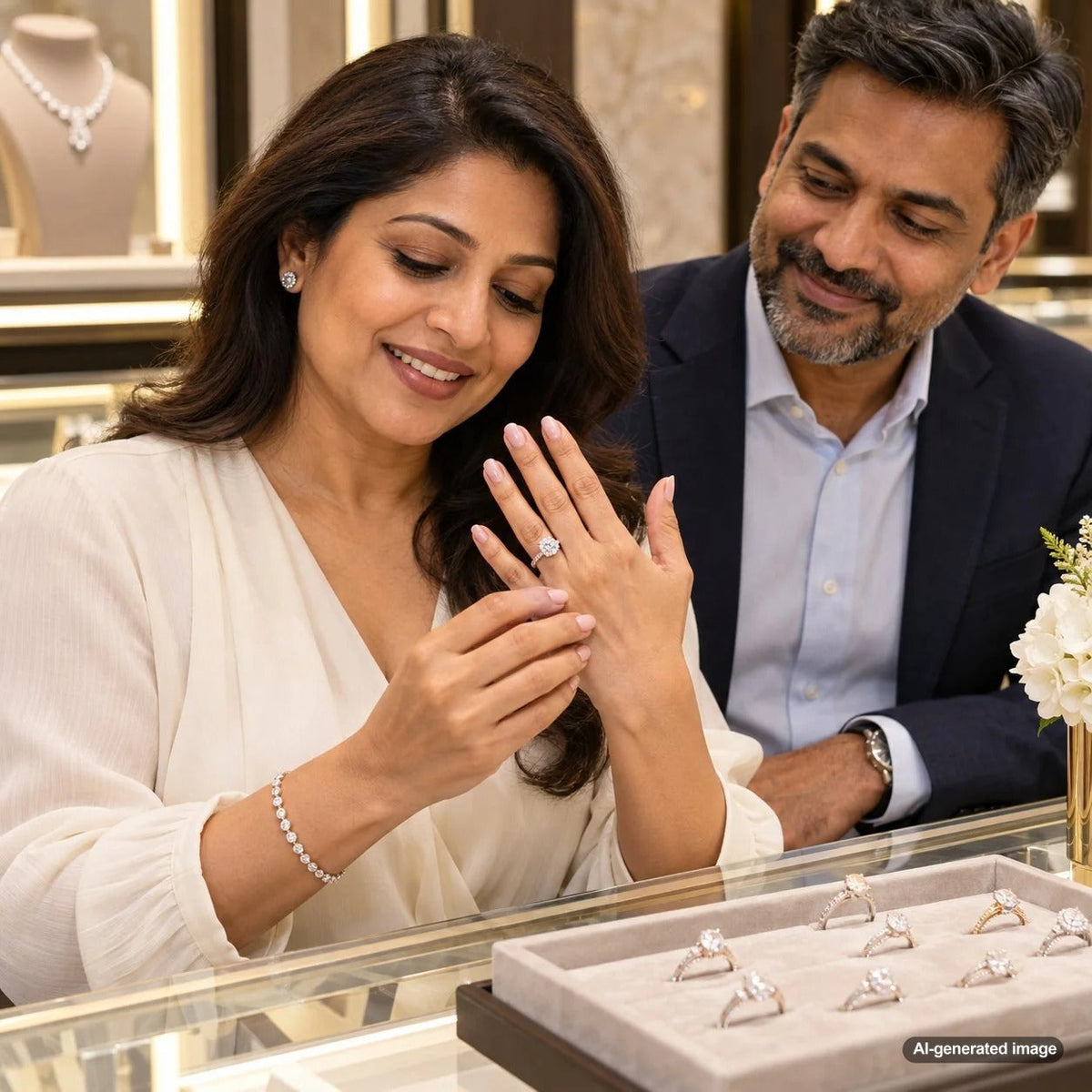 Engagement ring on a finger with a wider knuckle, illustrating how to choose a comfortable and secure ring fit