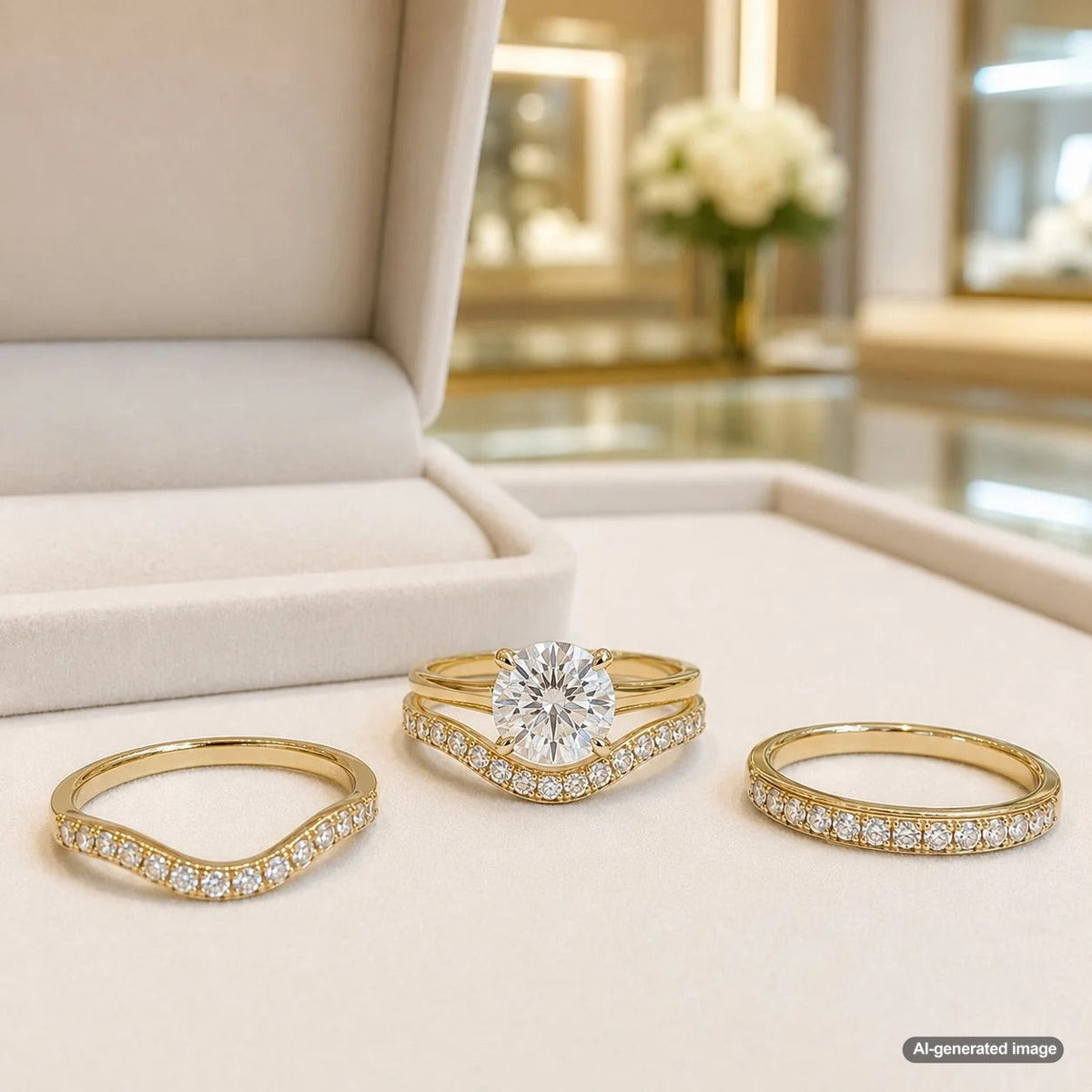 Contour wedding band and straight wedding band styled with an elegant diamond engagement ring