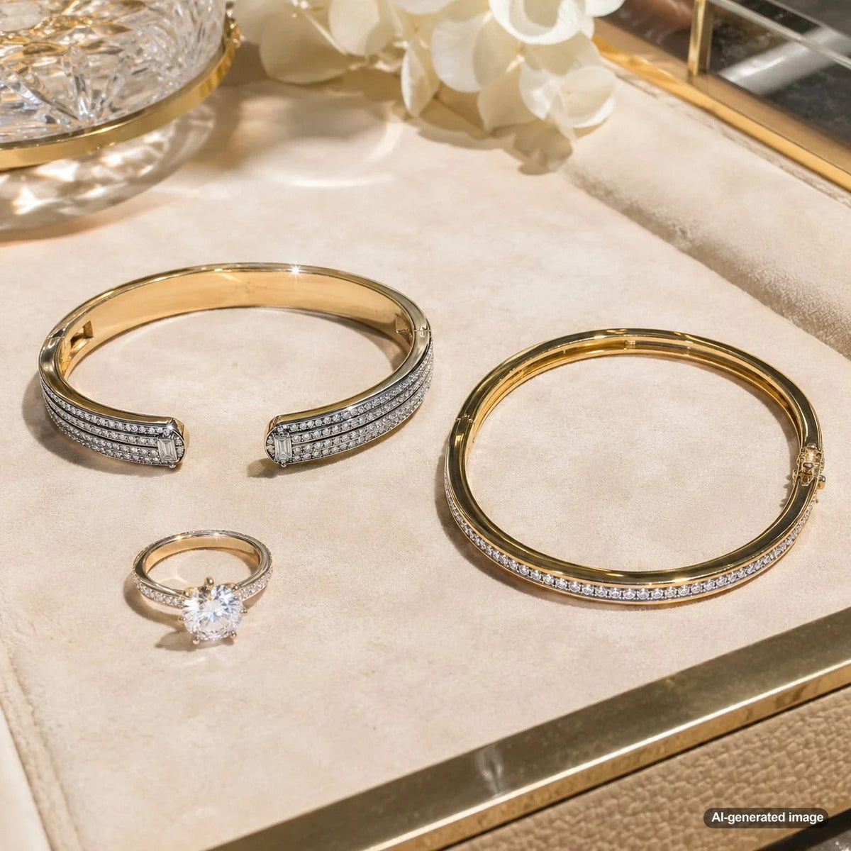 A stylish woman comparing a gold cuff bracelet and a diamond bangle bracelet on her wrist, showcasing the difference between the two jewelry styles.
