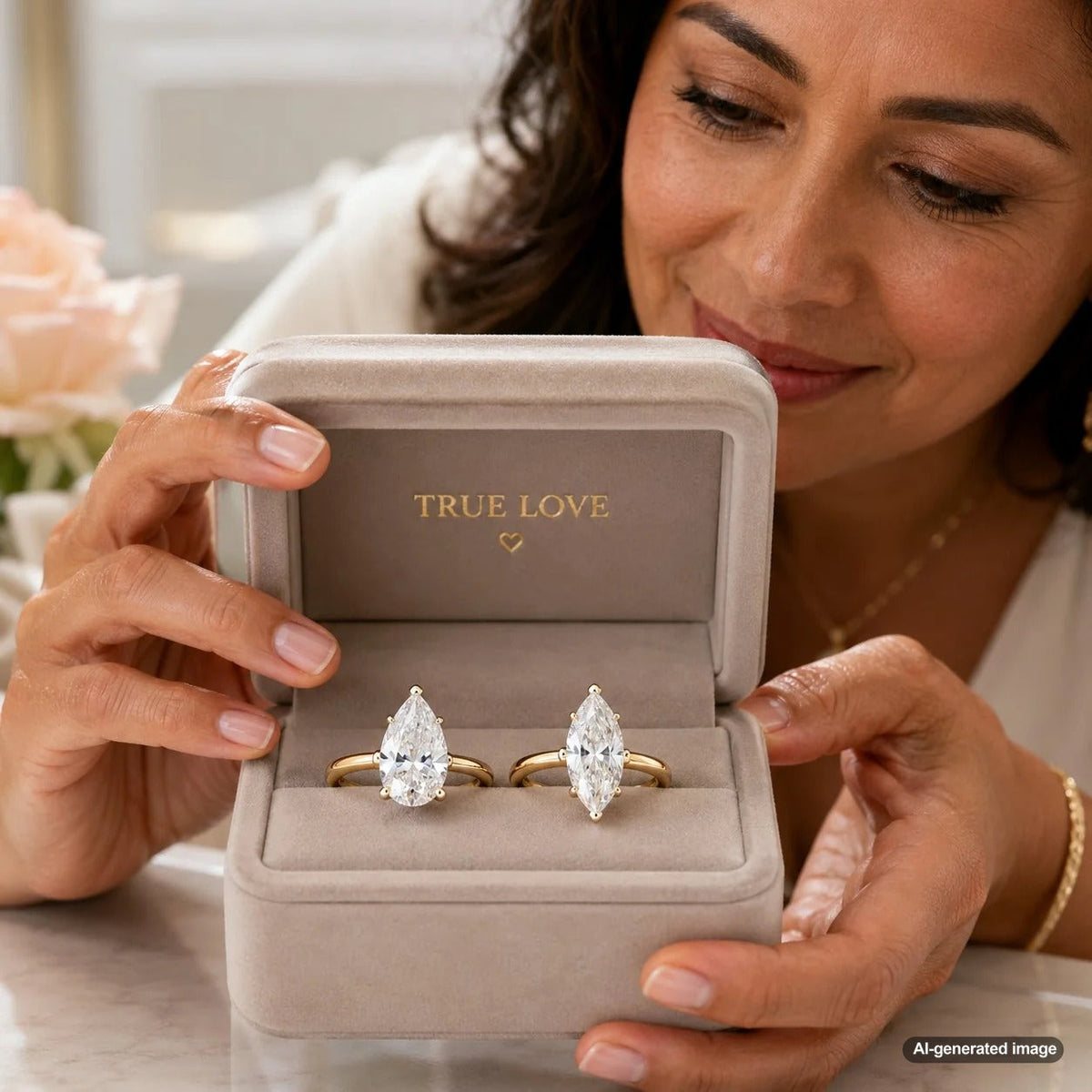 A comparison of pear and marquise diamond shapes in a beautiful engagement ring setting