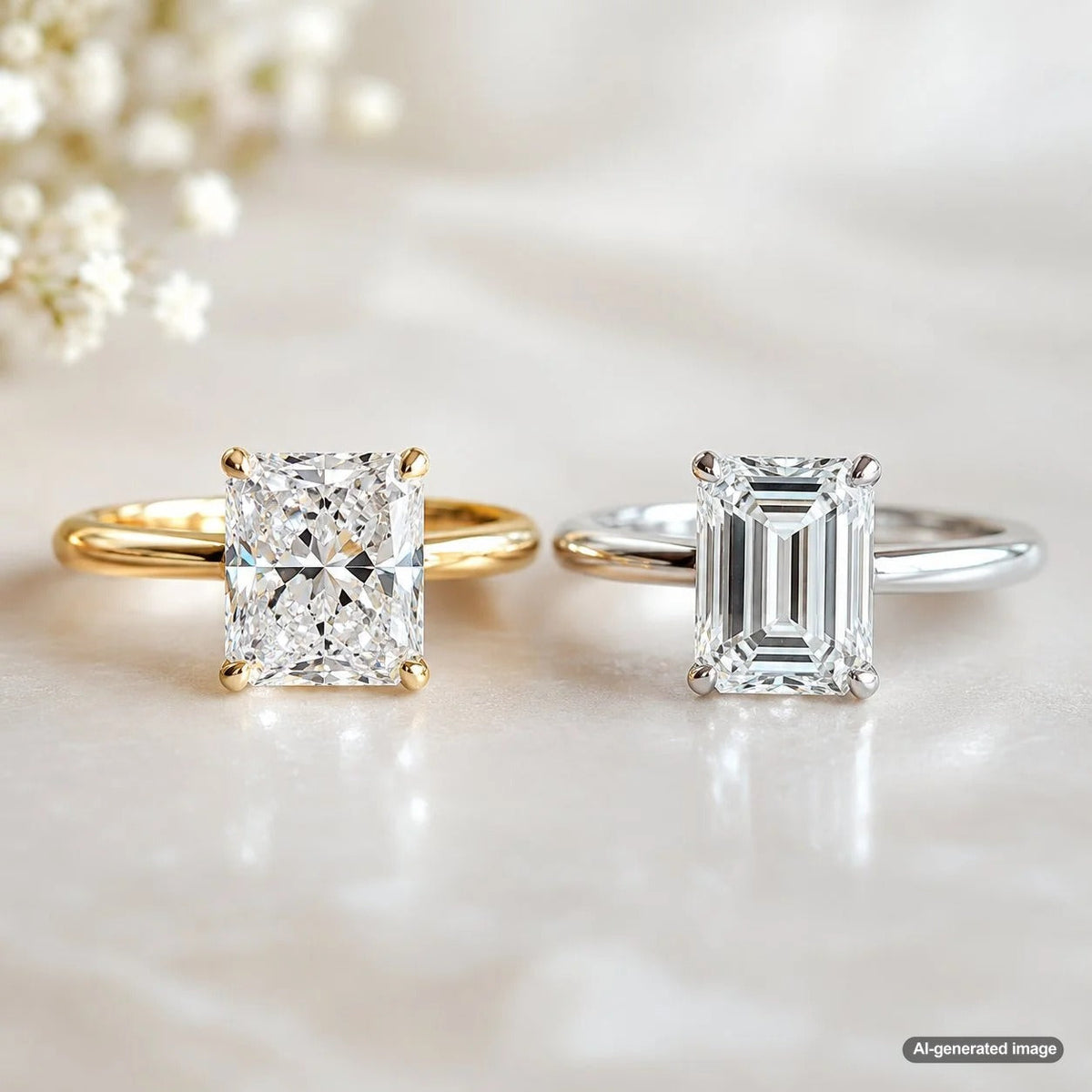 A detailed comparison guide on how to choose between a radiant and emerald-cut diamond engagement ring.