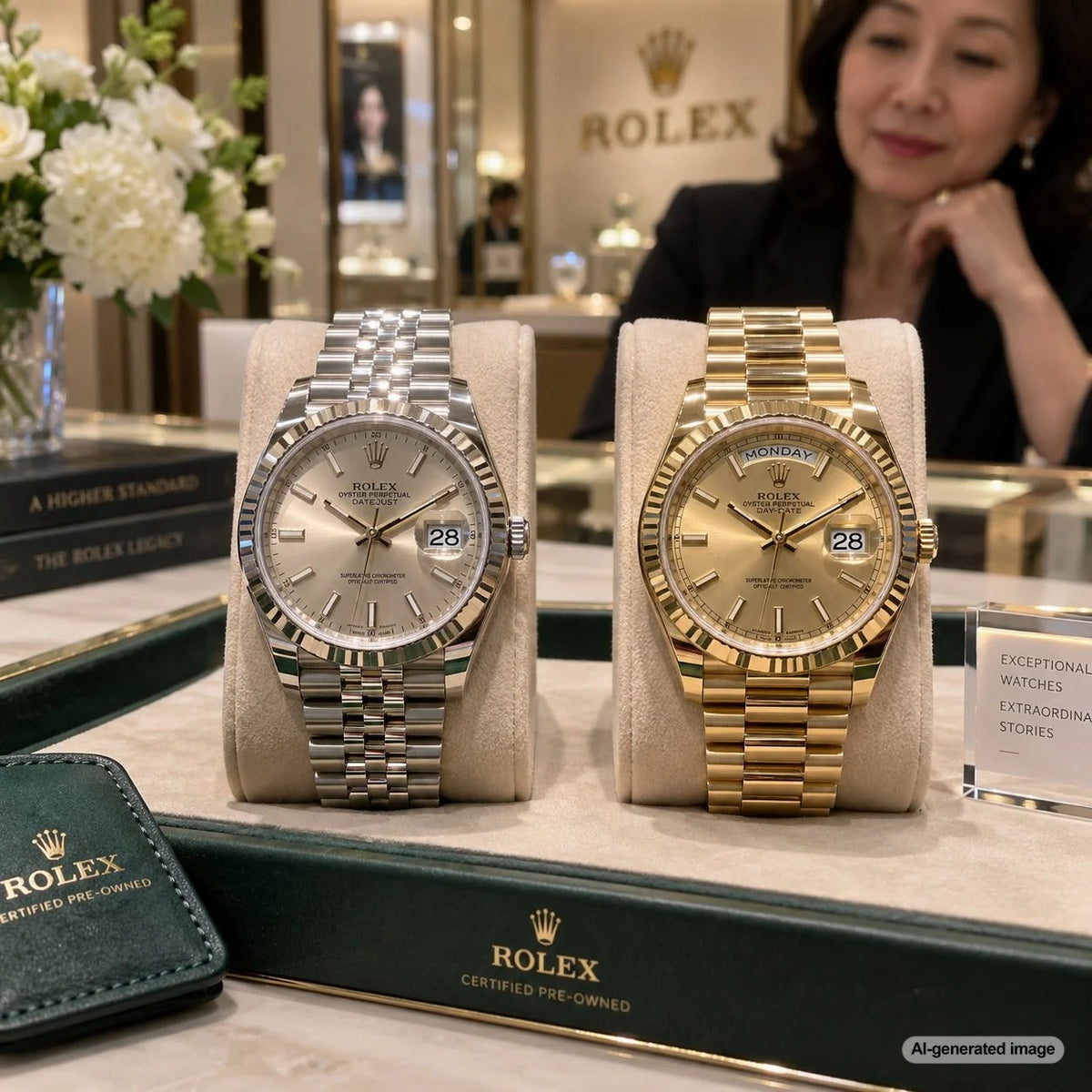 Pre-owned Rolex Datejust and Day-Date watches displayed side by side for comparison