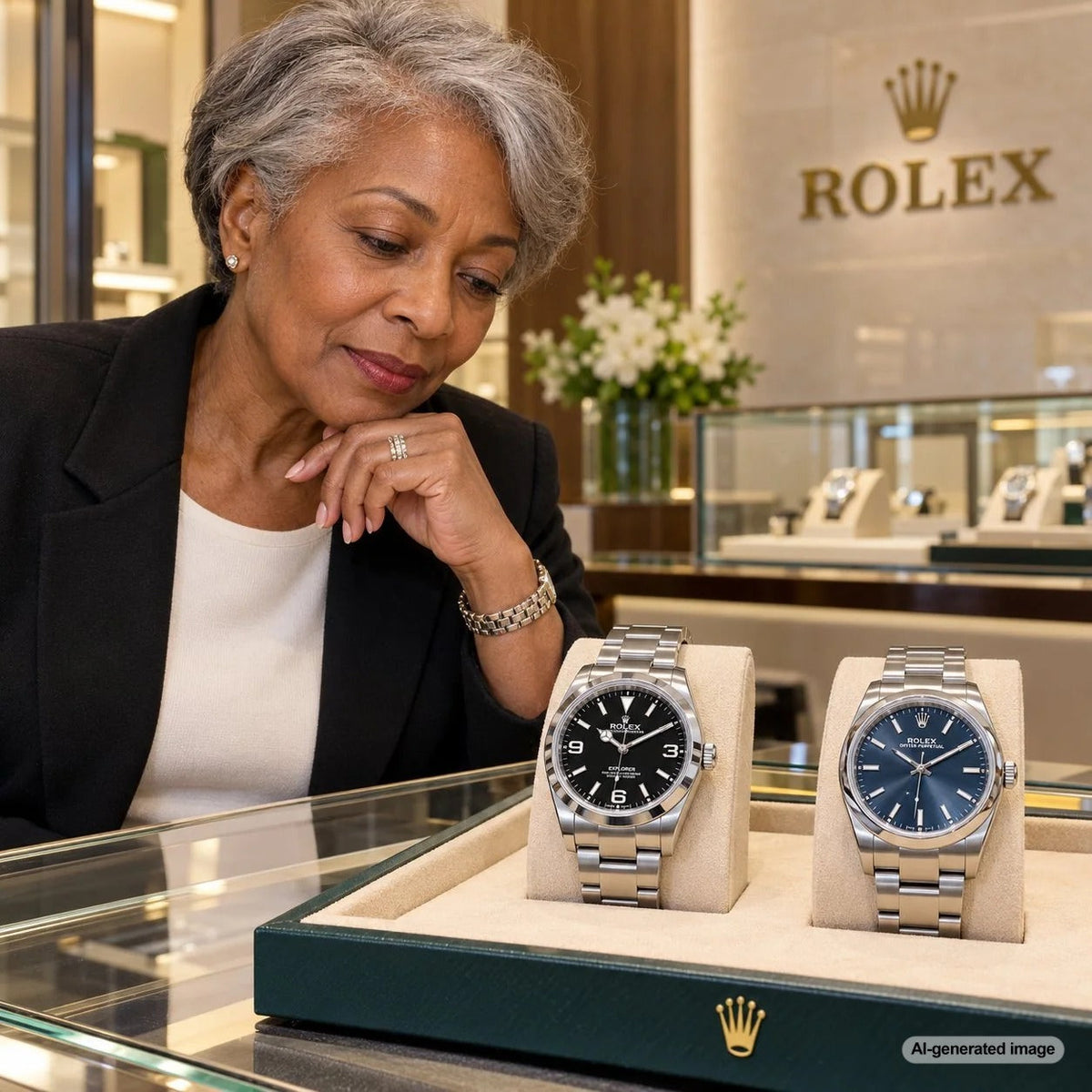 Rolex Explorer and Oyster Perpetual luxury stainless steel watches displayed in an elegant jewelry setting, highlighting understated watch designs and timeless style