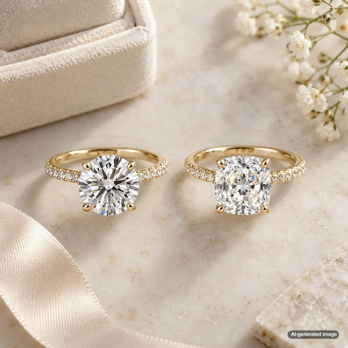 Round and cushion-cut diamonds compared side by side for choosing an engagement ring