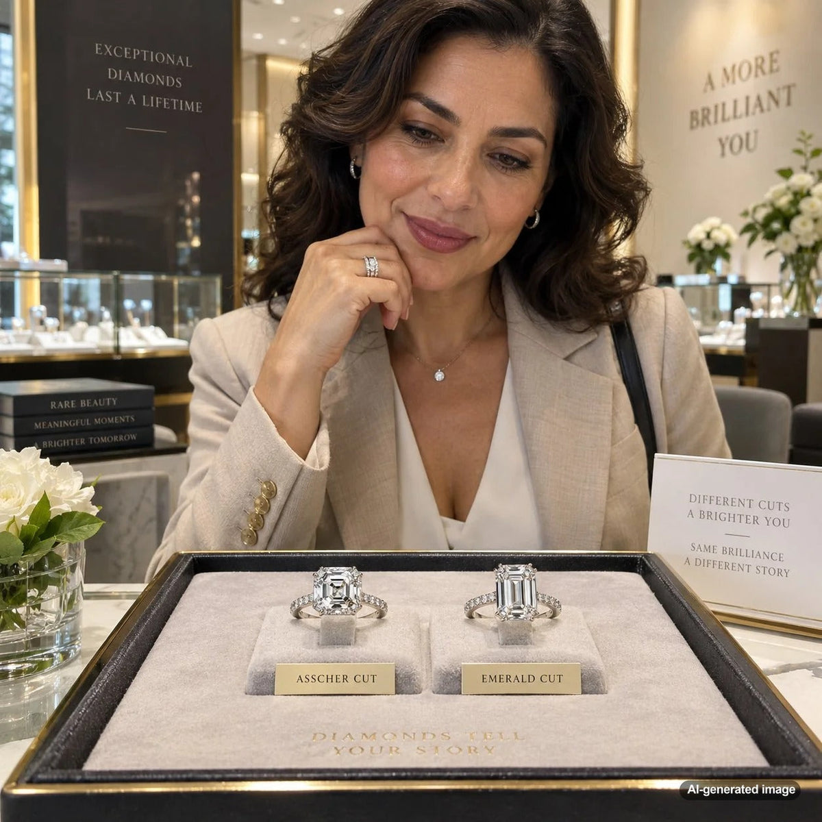 Asscher and emerald-cut diamonds displayed side by side for comparing step-cut diamond shapes
