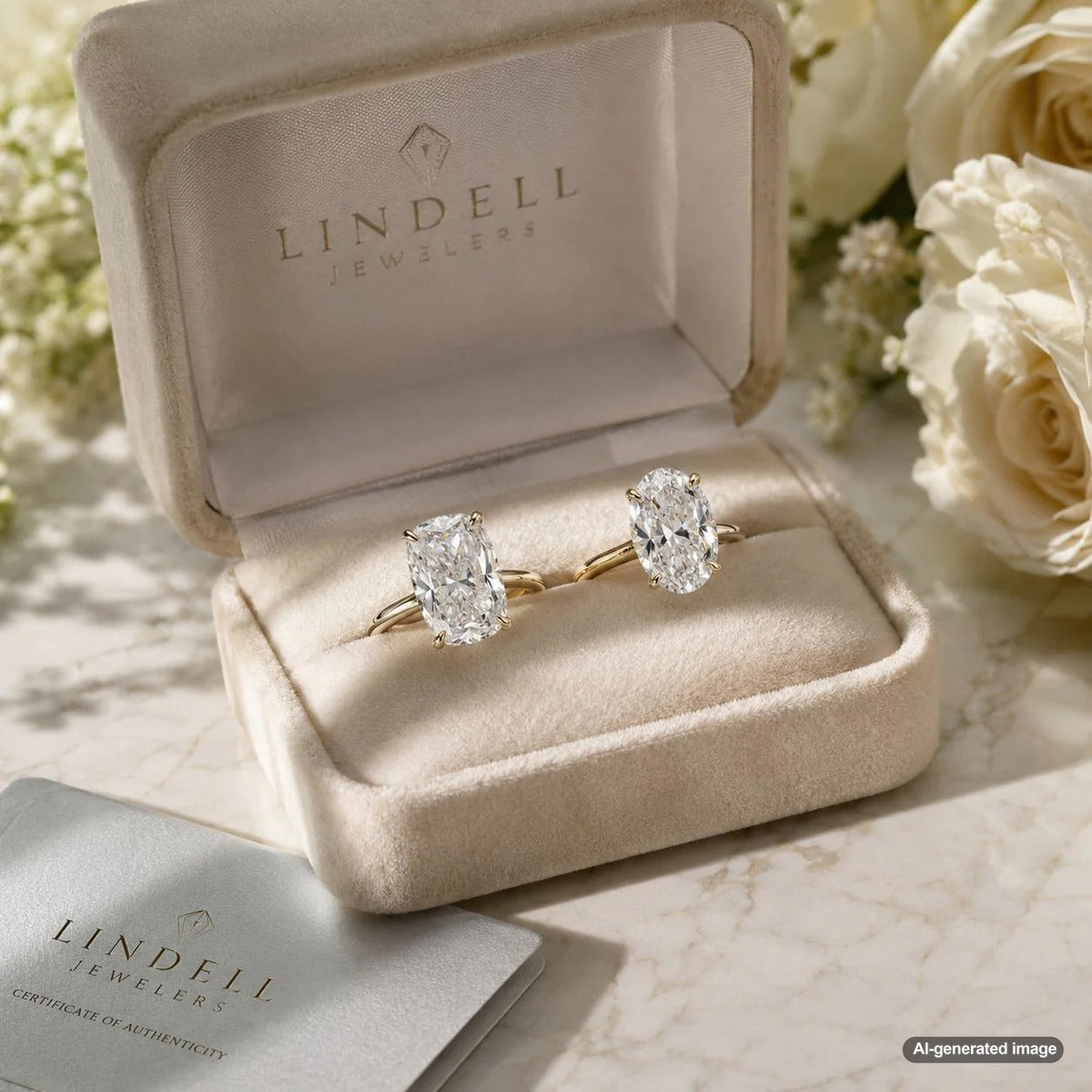 Comparison of an elongated cushion cut diamond and an oval cut diamond showing different sparkle and silhouette effects on a hand