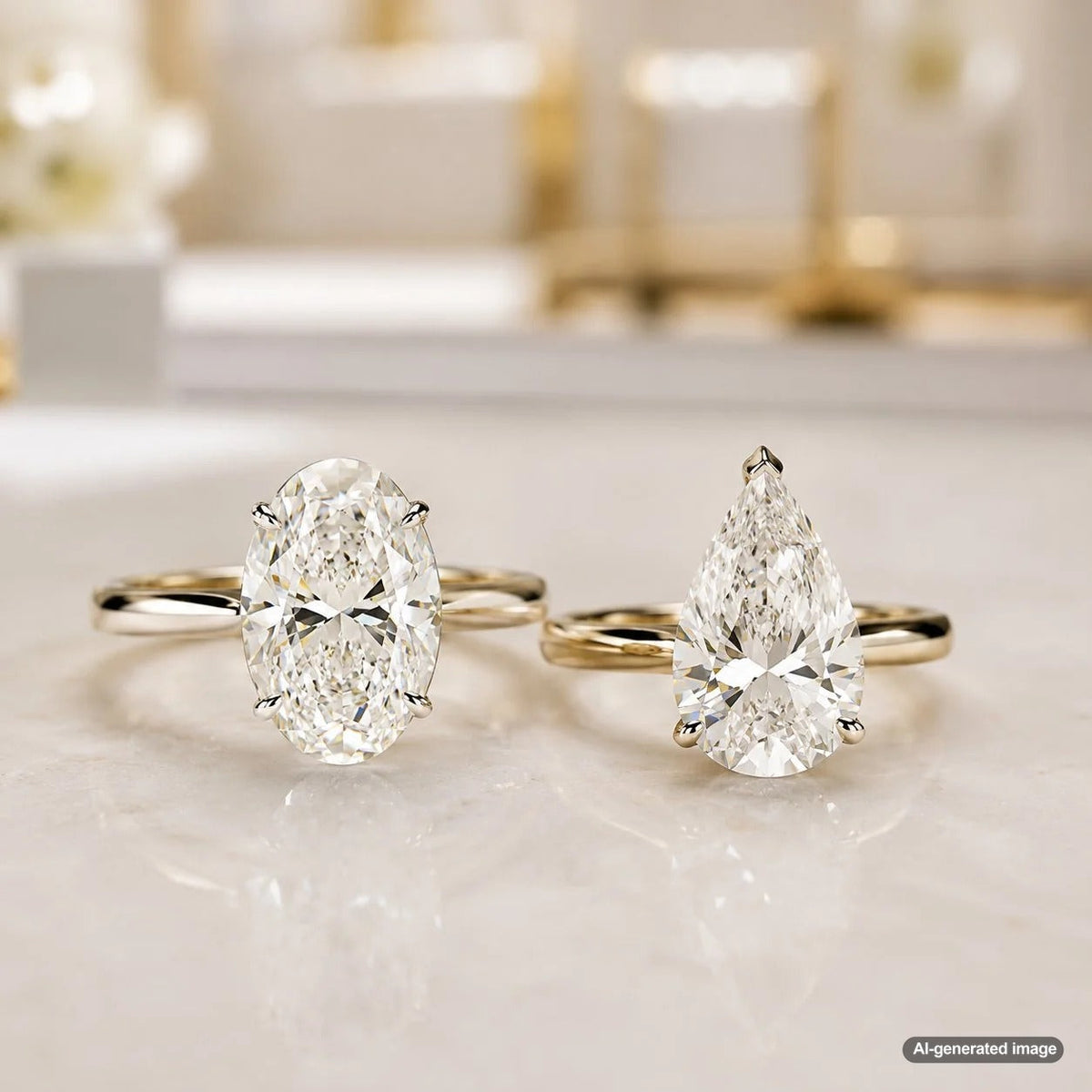 A stunning comparison of oval and pear-shaped diamonds on a blue background, showcasing their unique silhouettes and brilliance.