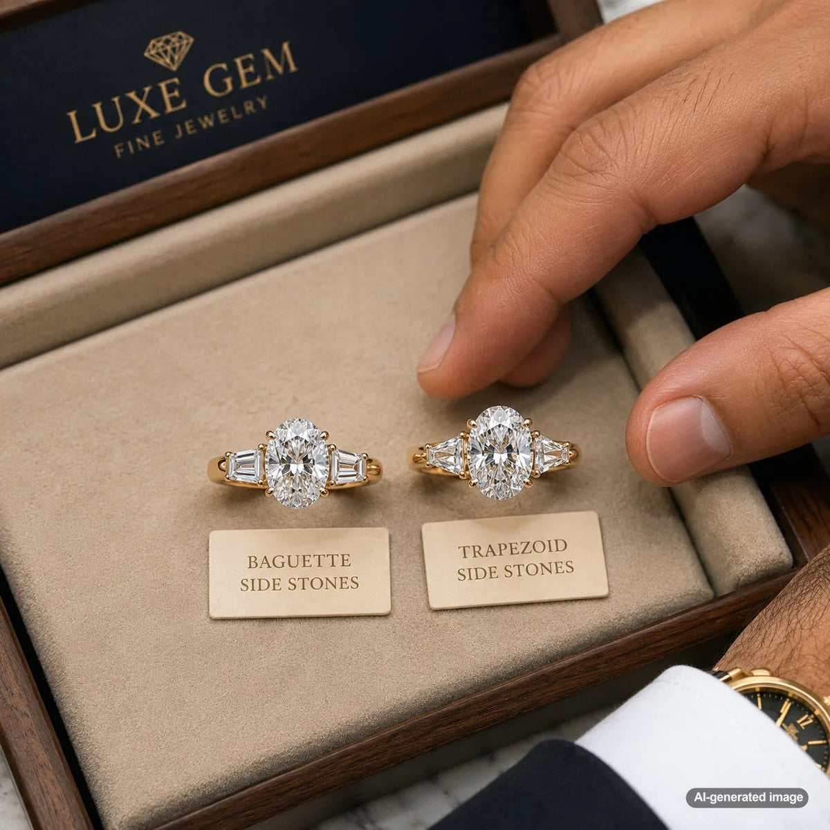 A detailed comparison image showing a diamond engagement ring with baguette side stones next to a ring with trapezoid side stones on a white background.