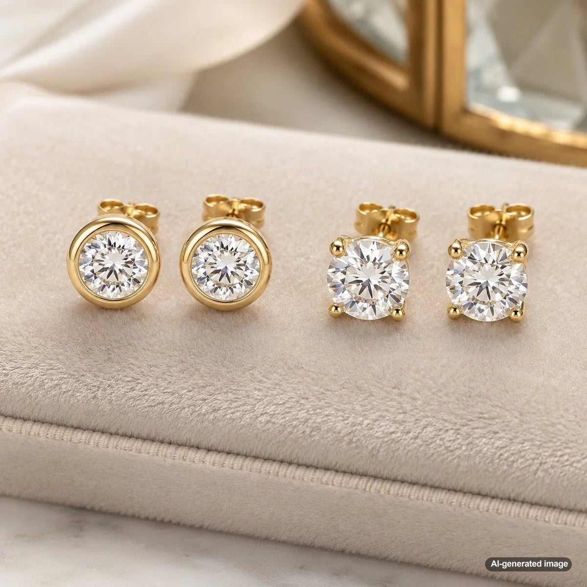 Bezel-set and prong-set diamond stud earrings comparison showing two classic setting styles