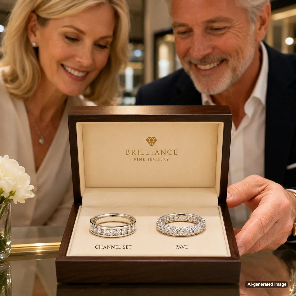 A detailed guide comparing channel-set and pave diamond bands, showcasing their unique styles and sparkle.