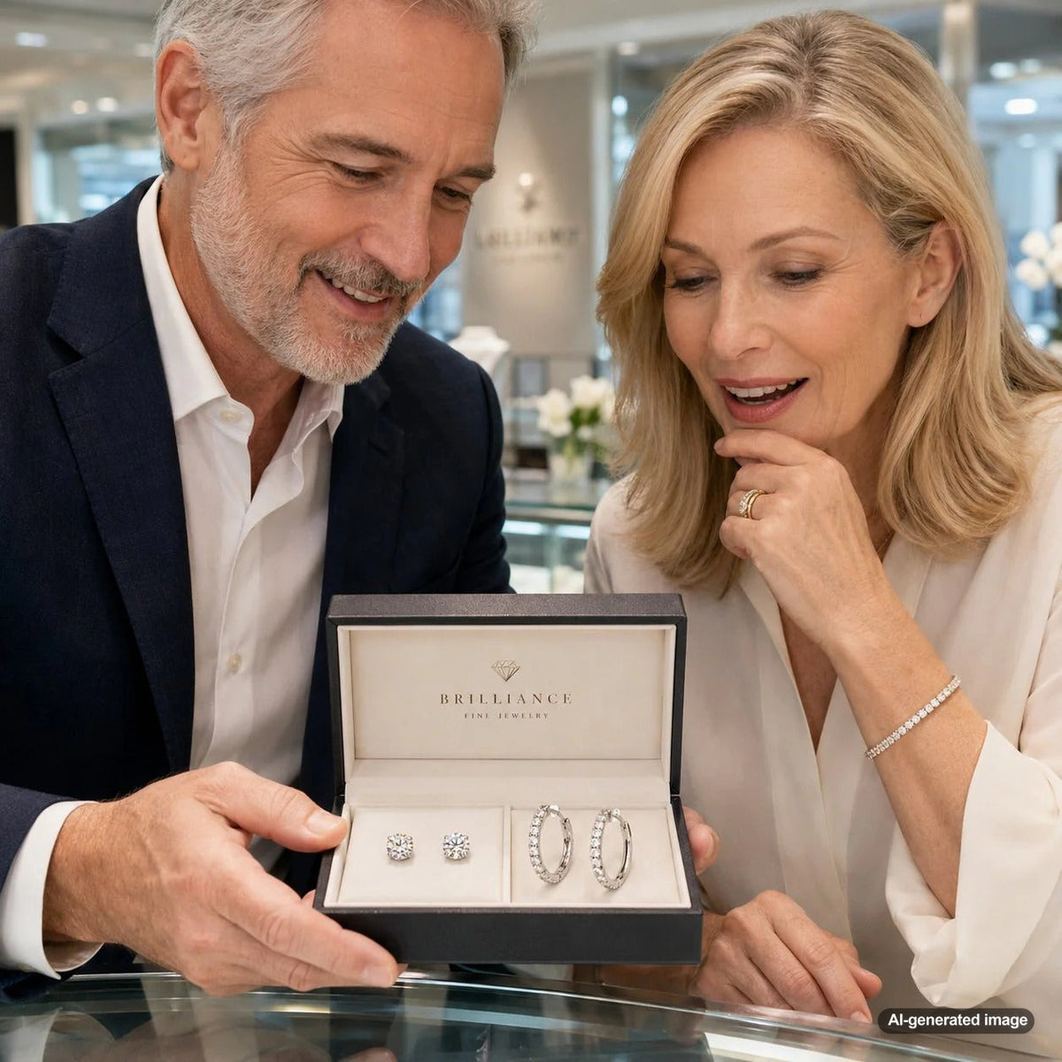 A woman wearing both diamond stud and diamond hoop earrings, showing the choice between the two styles.