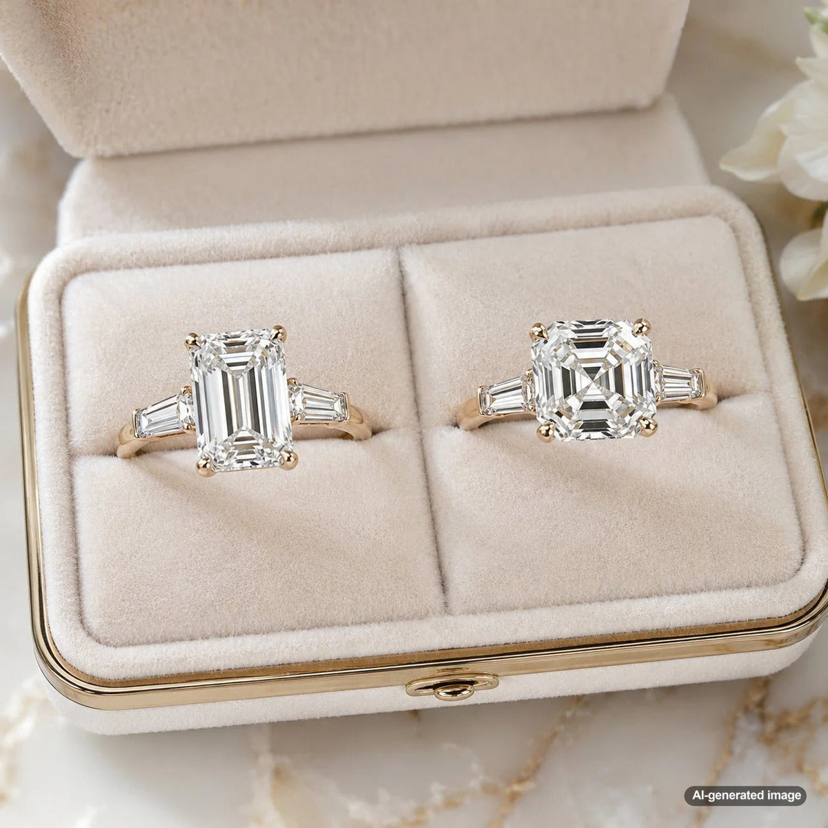 A comparison of emerald cut and asscher cut diamonds at Robinson's Jewelers