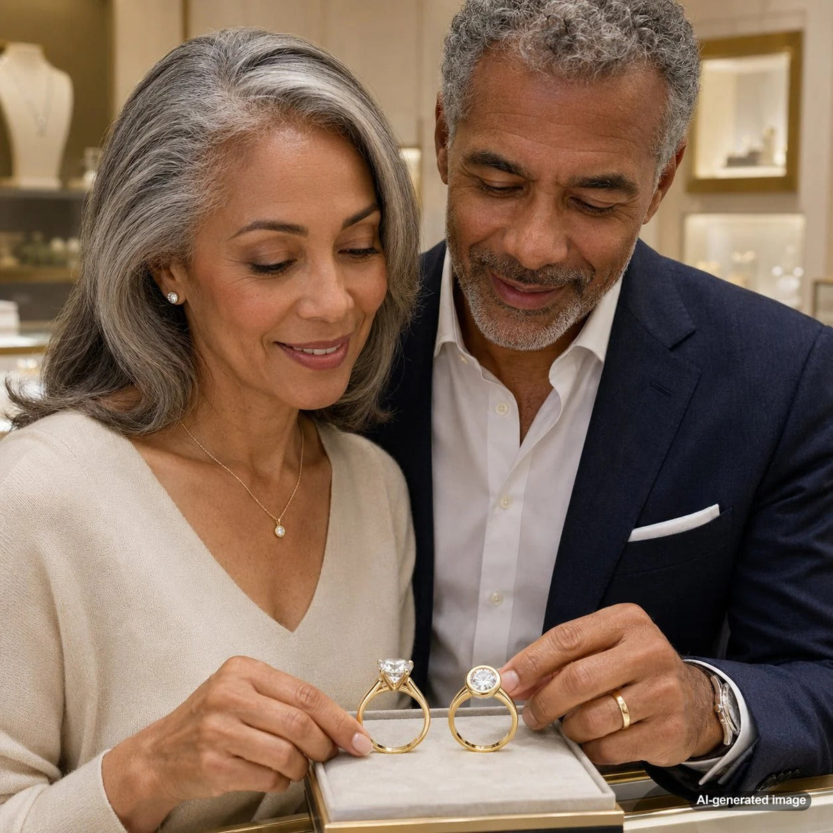 A visual comparison showcasing a prong set diamond ring and a bezel set diamond ring, highlighting the distinct style and security of each setting for Robinson's Jewelers.