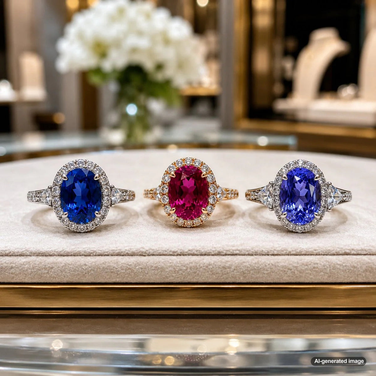 A close-up comparison of three stunning blue-violet gemstones: Sapphire, Spinel, and Tanzanite, showcasing their unique colors and brilliance.