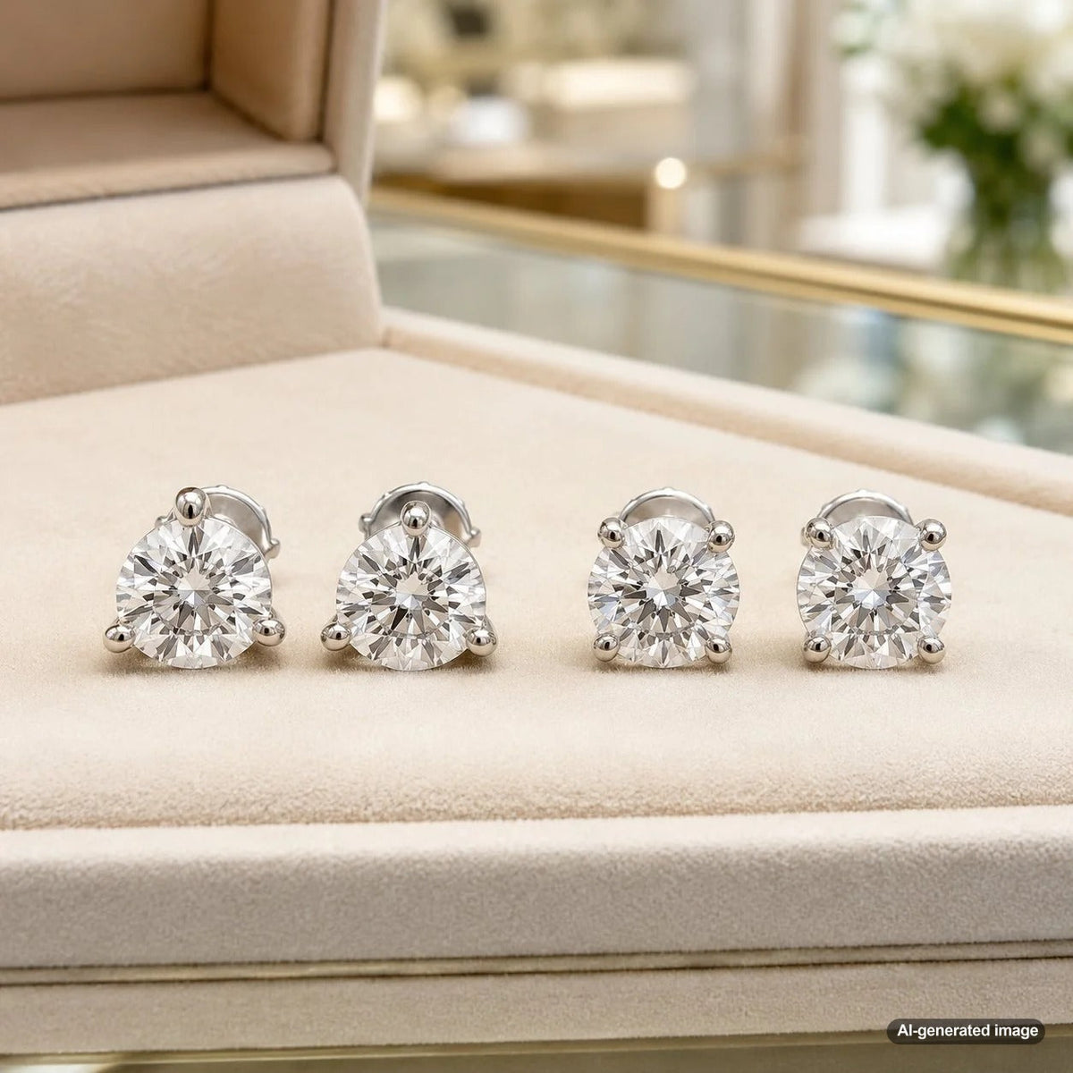 A comparison of three-prong and four-prong diamond stud earrings showcasing different settings and styles.