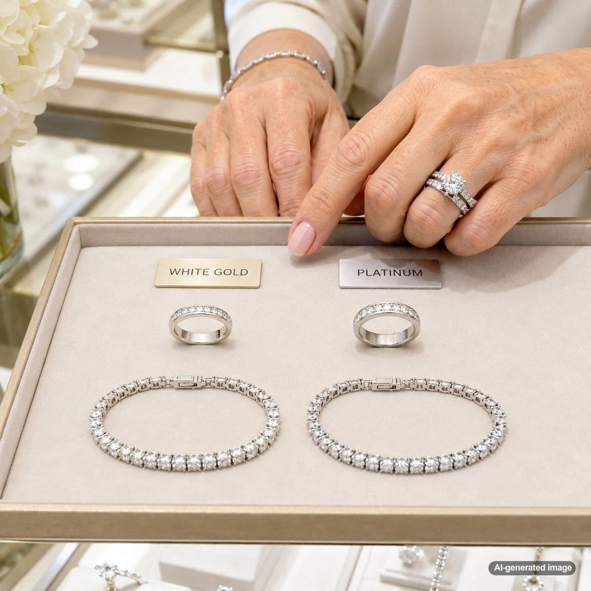 A comparison of white gold and platinum jewelry for daily wear, featuring rings and bracelets from Robinson's Jewelers.
