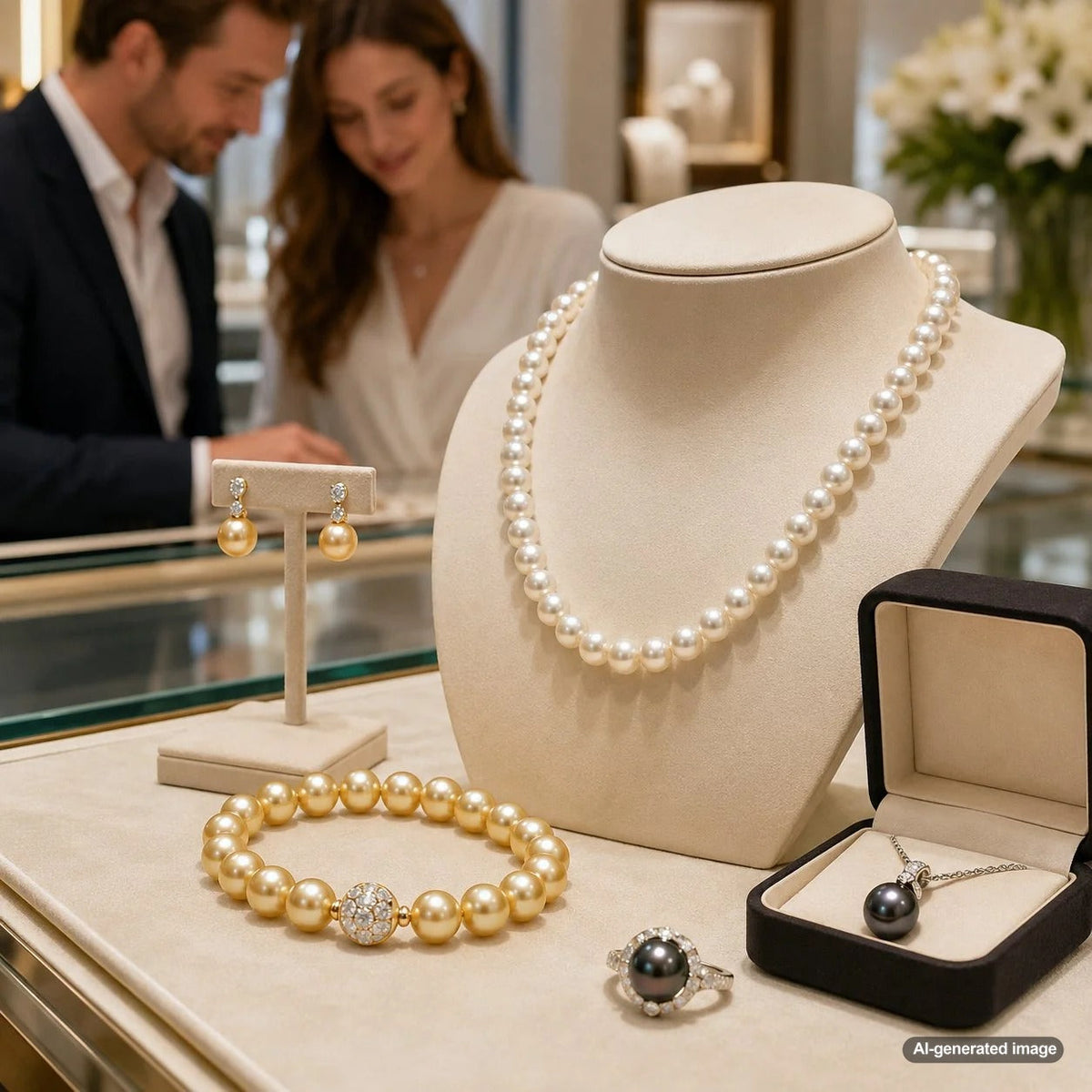 A comparison of stunning white, golden, and black pearl jewelry from Robinson's Jewelers