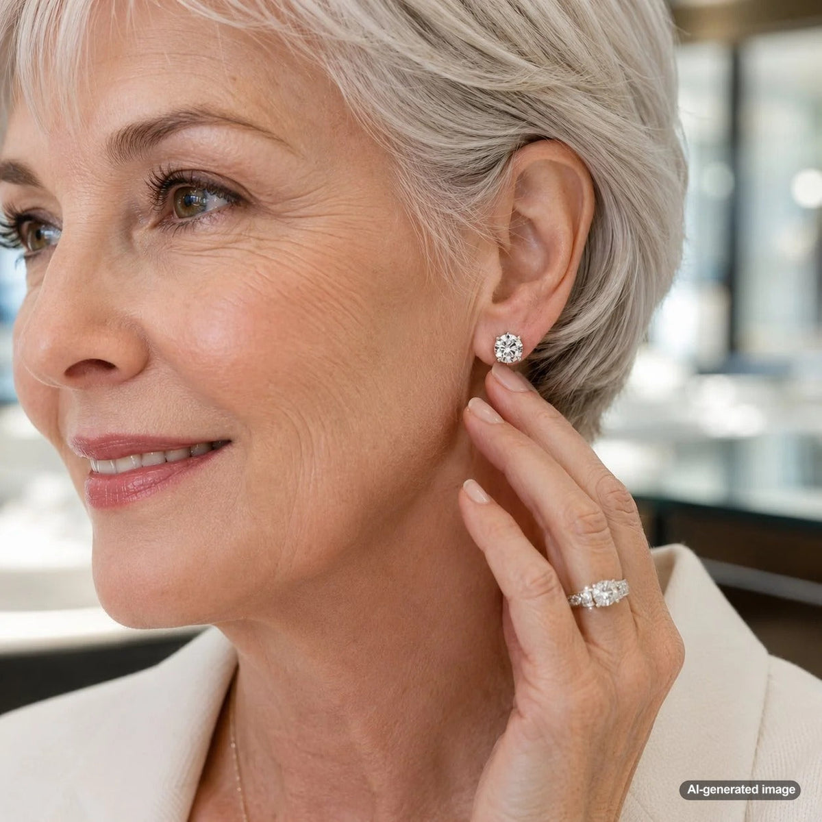 Diamond stud earrings designed to sit upright and face forward on the ear