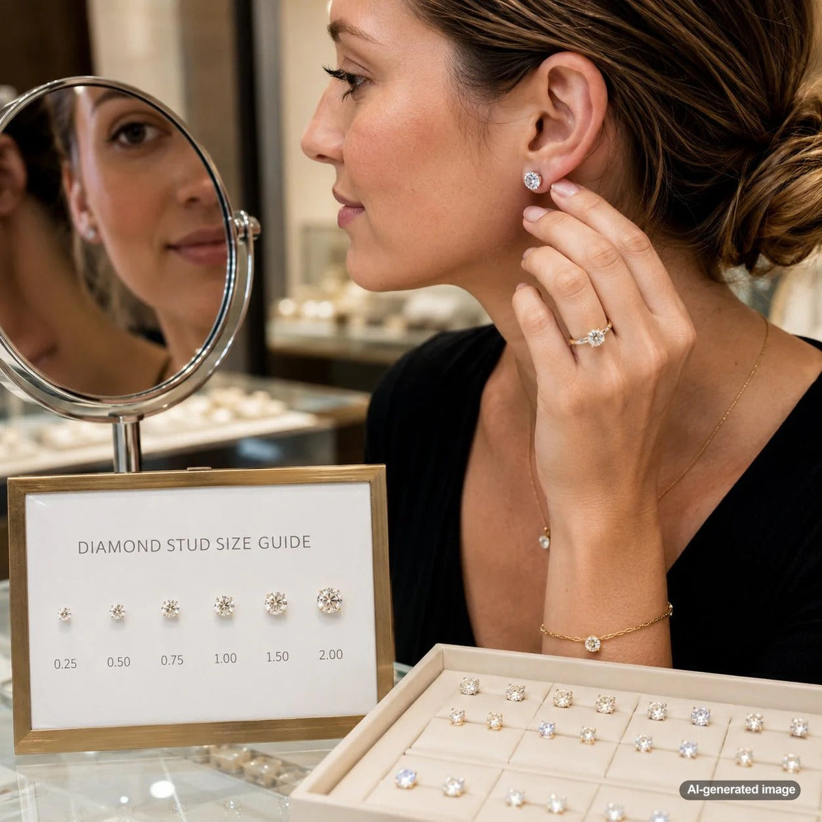 A woman wearing a stylish beige blazer and diamond stud earrings, touching her ear to show the perfect everyday size.