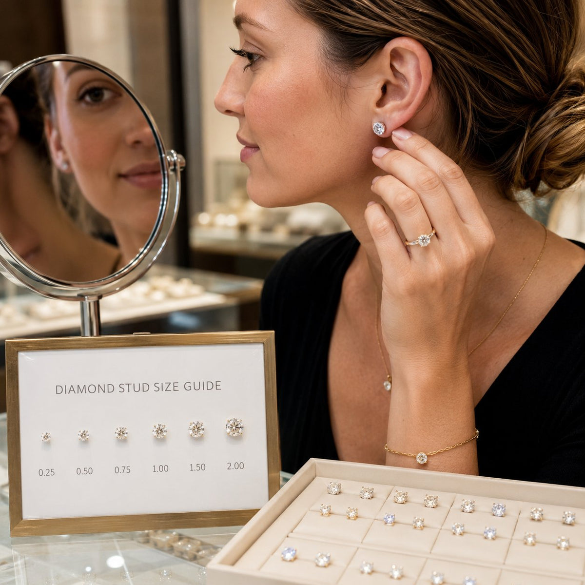 A woman wearing a stylish beige blazer and diamond stud earrings, touching her ear to show the perfect everyday size.