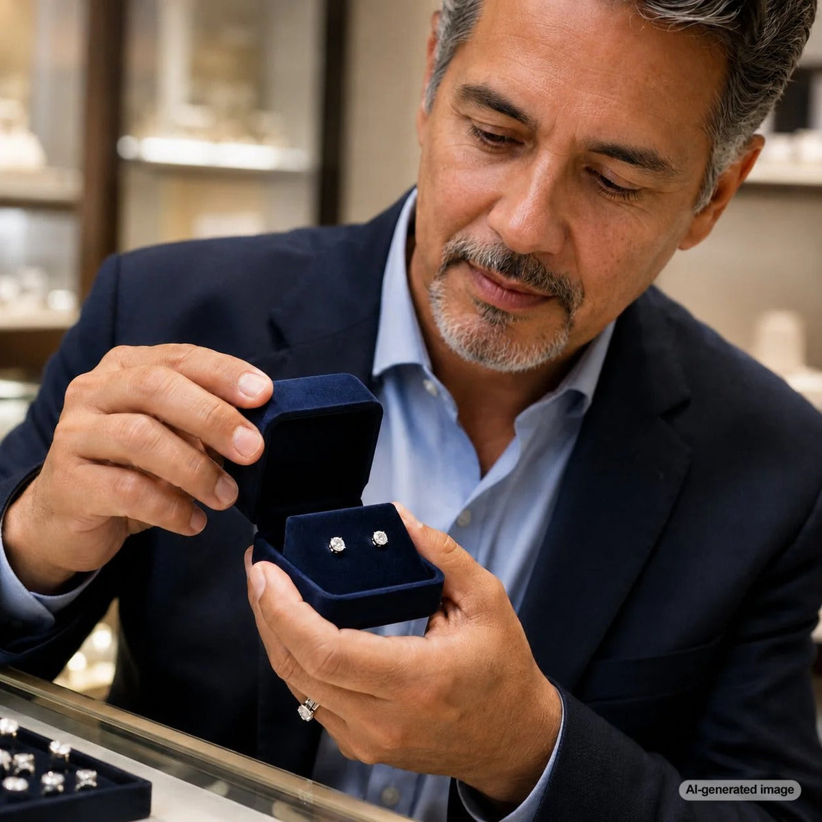 Elegant woman wearing diamond stud earrings for everyday style at Robinson's Jewelers