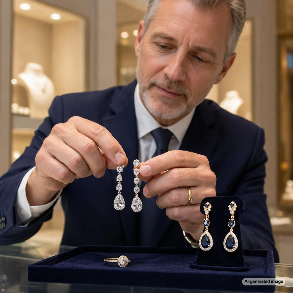 A stunning pair of diamond drop earrings elegantly displayed, perfect for a formal event.