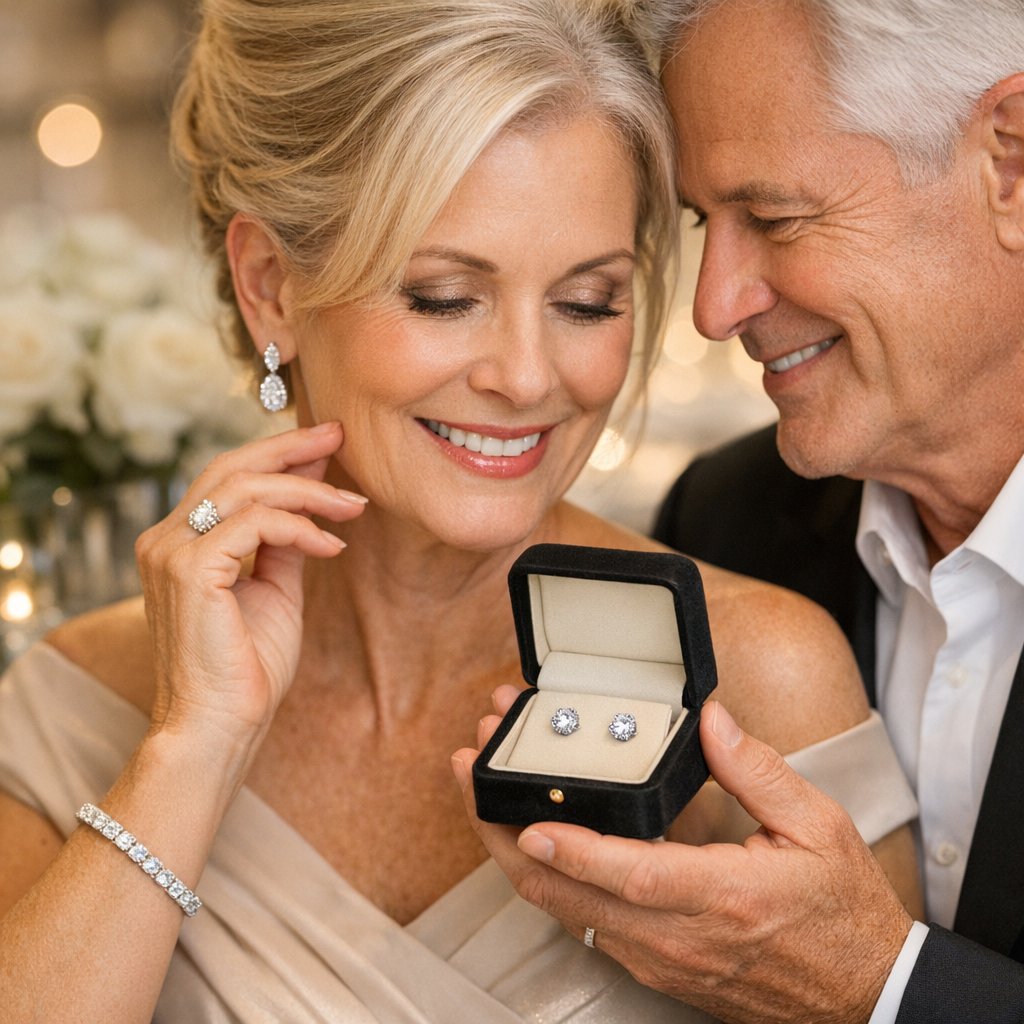 Woman with elegant formal updo hairstyle wearing sparkling drop earrings from Robinson's Jewelers