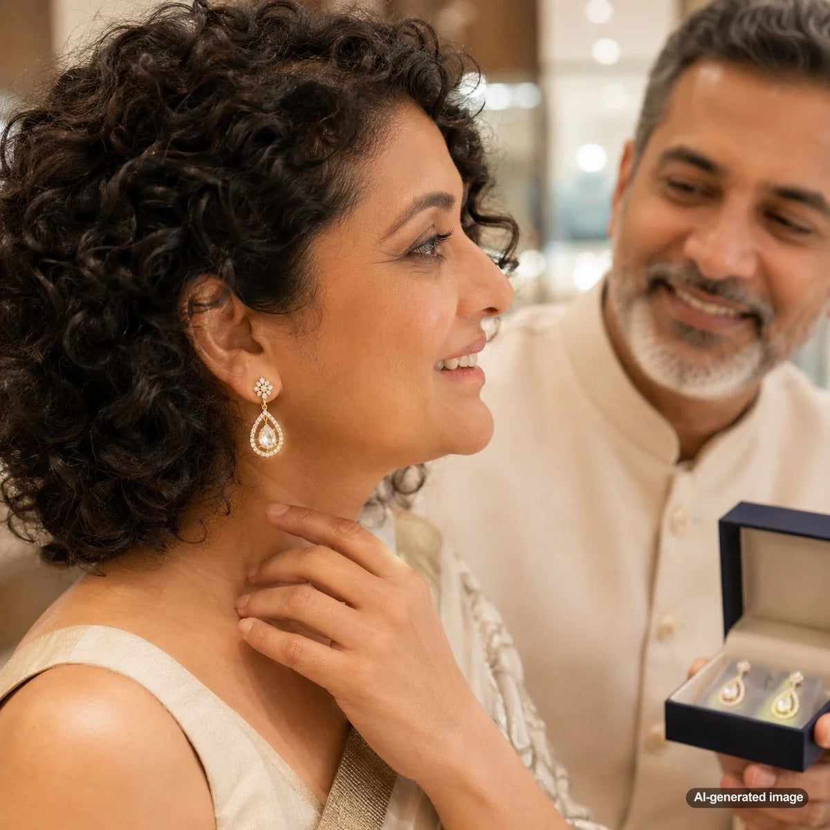 A stylish close-up of a woman with voluminous curly hair wearing a stunning pair of sparkling hoop earrings, showcasing how to choose earrings for curly hair.